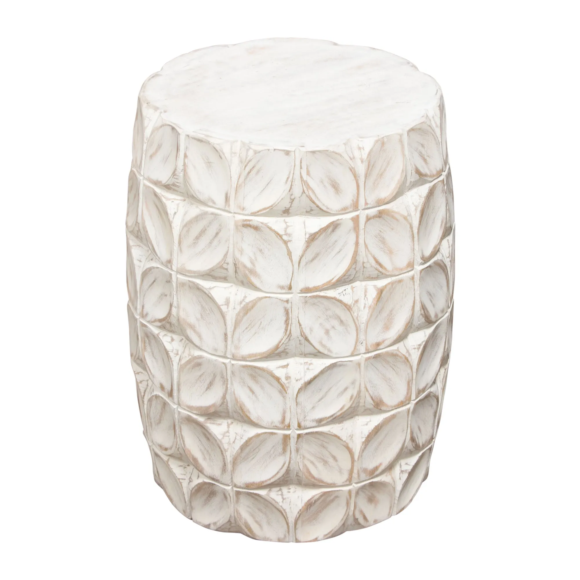 Fig Solid Mango Wood Accent Table in Distressed White Finish w/ Leaf Motif by Diamond Sofa