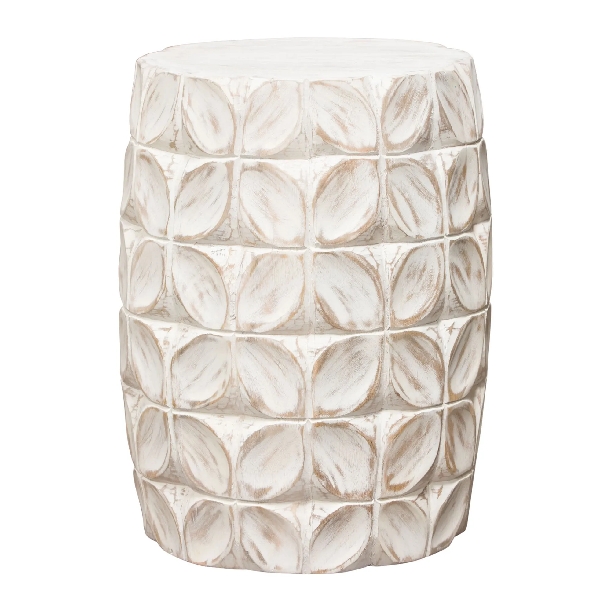 Fig Solid Mango Wood Accent Table in Distressed White Finish w/ Leaf Motif by Diamond Sofa