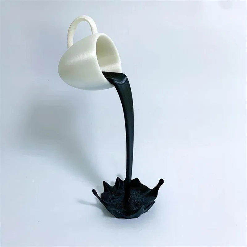 Floating 3D Standing Pouring Spilling Coffee Cup Resin Art Sculpture