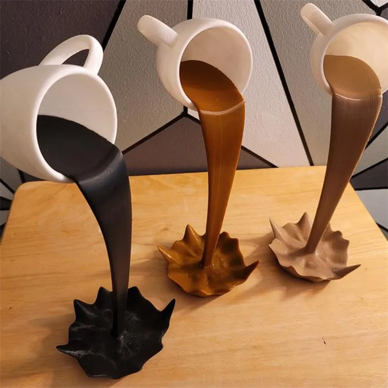 Floating 3D Standing Pouring Spilling Coffee Cup Resin Art Sculpture