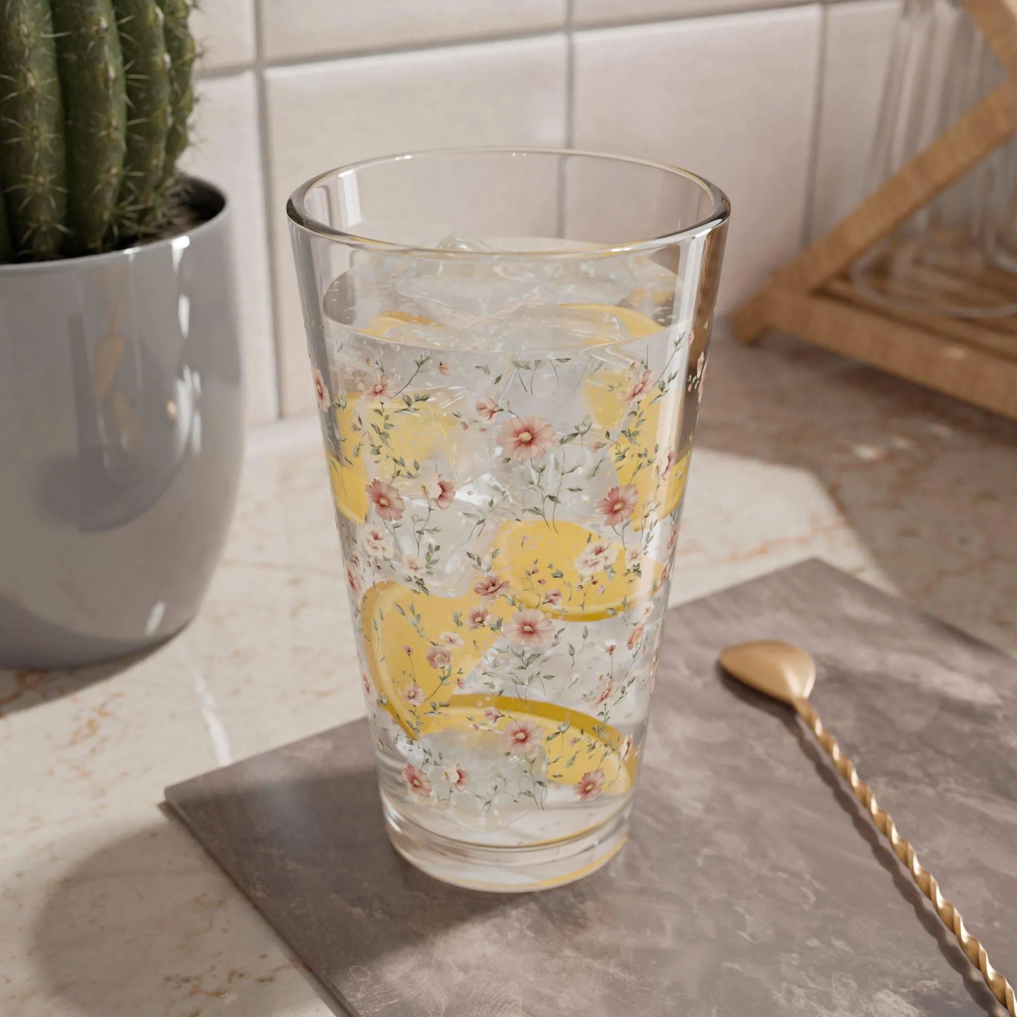 Floral Mixing Glass - 16oz Decorative Beverage Cup