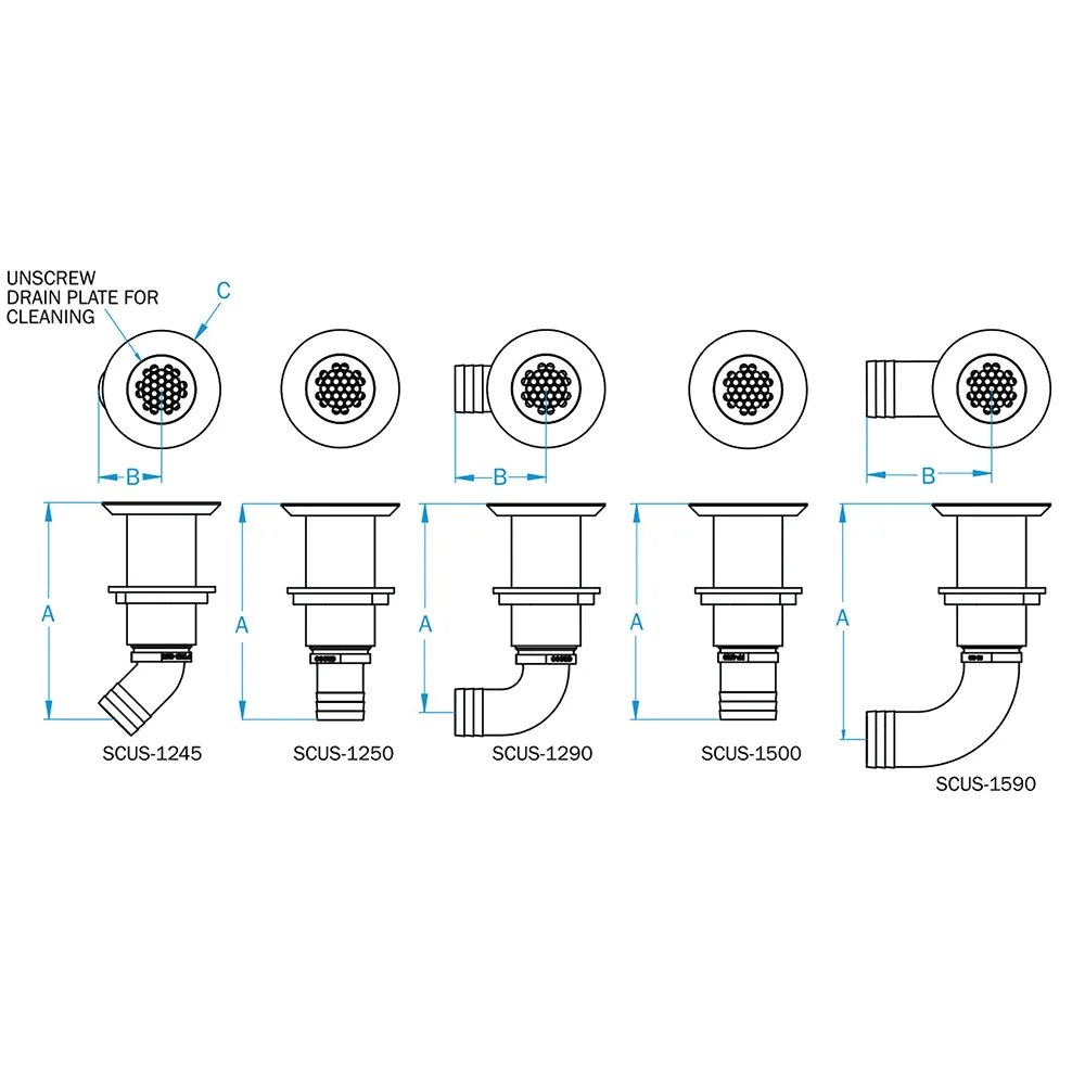 GROCO 1-1/4" Hose Barb Stainless 45 Degree Deck Drain