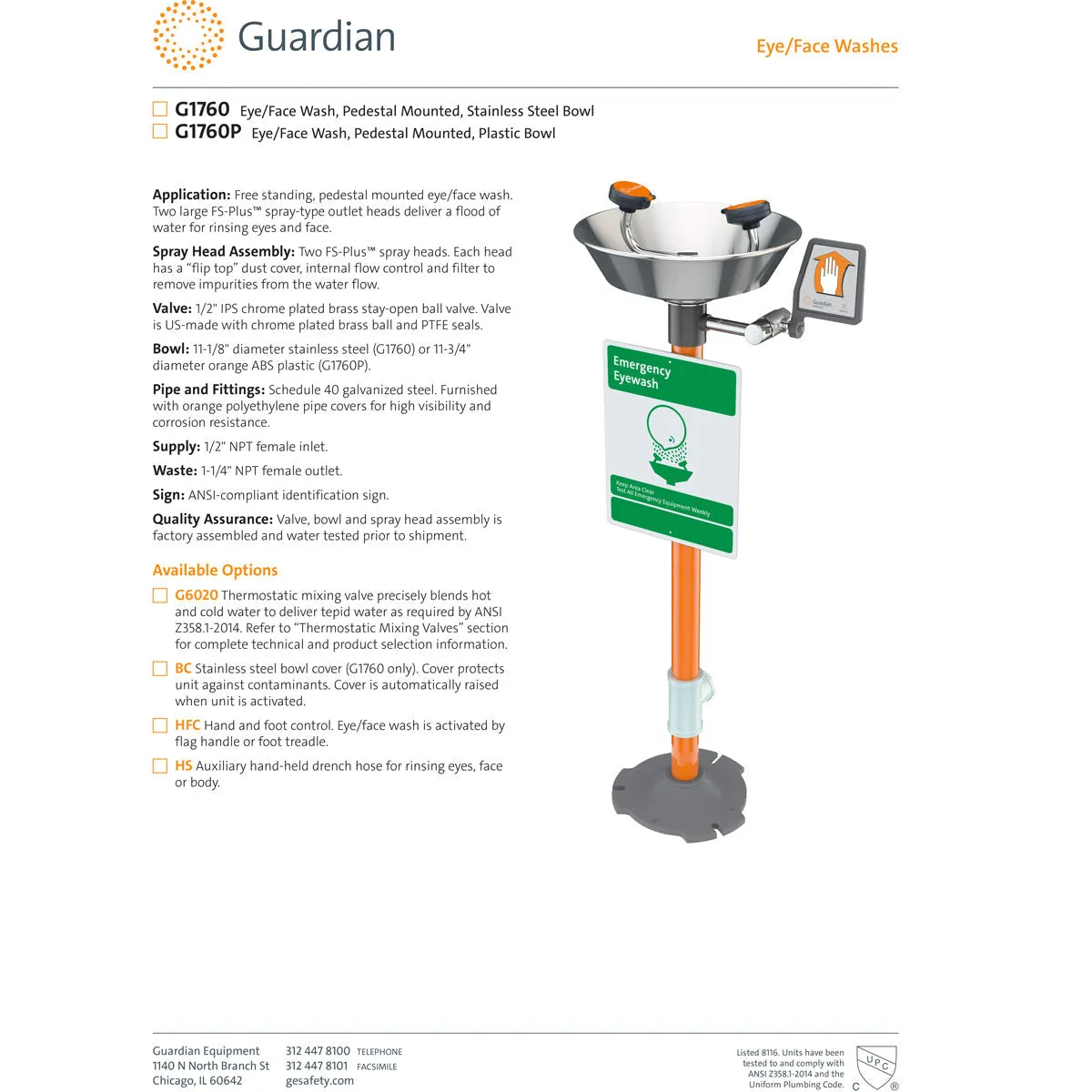 Guardian G1760BC Eye/Face Wash Station, Pedestal Mounted, Stainless Steel Bowl and Cover