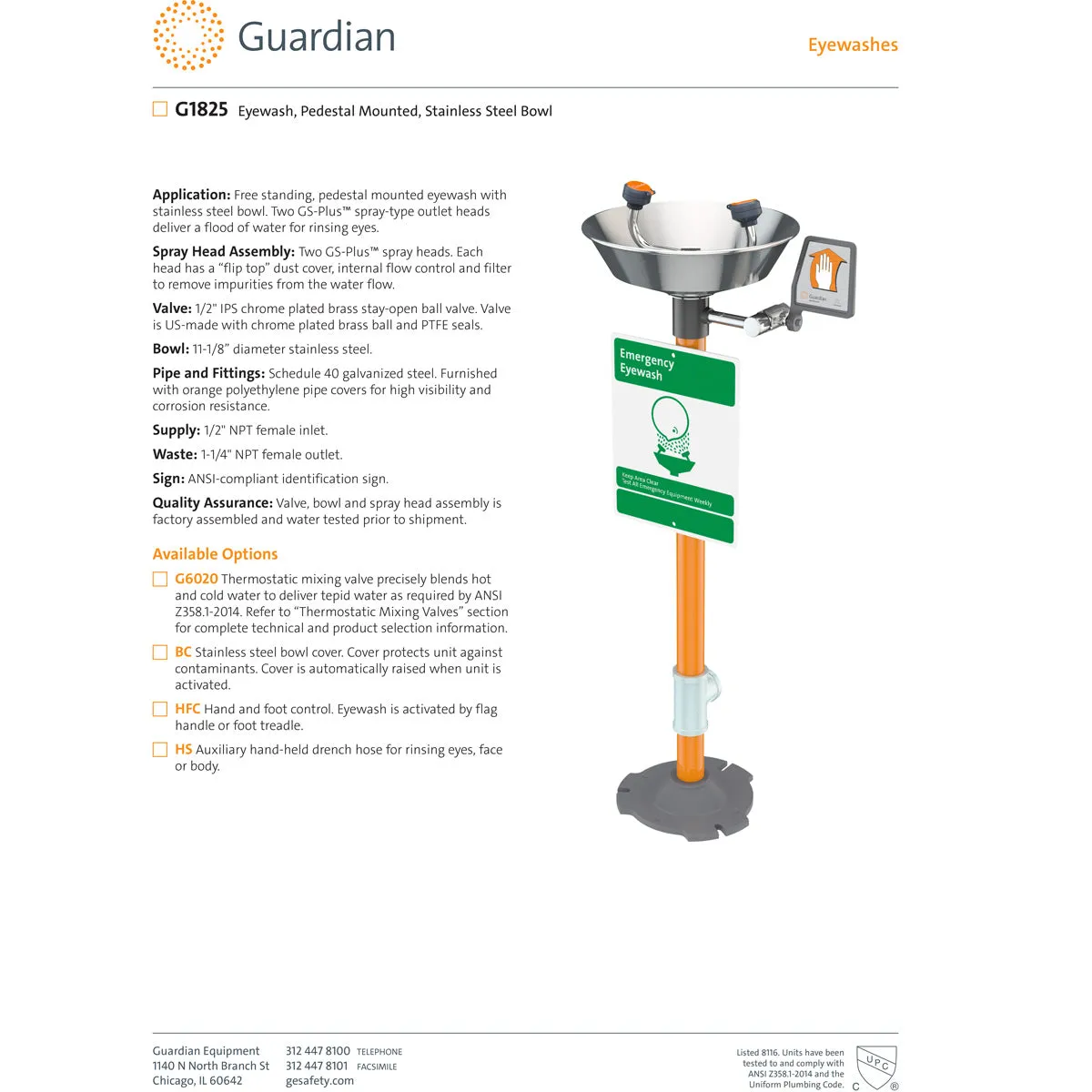 Guardian G1825 Eyewash Station, Pedestal Mounted, Stainless Steel Bowl