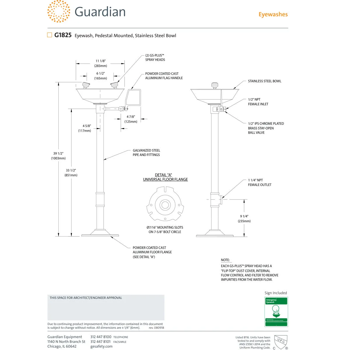 Guardian G1825 Eyewash Station, Pedestal Mounted, Stainless Steel Bowl