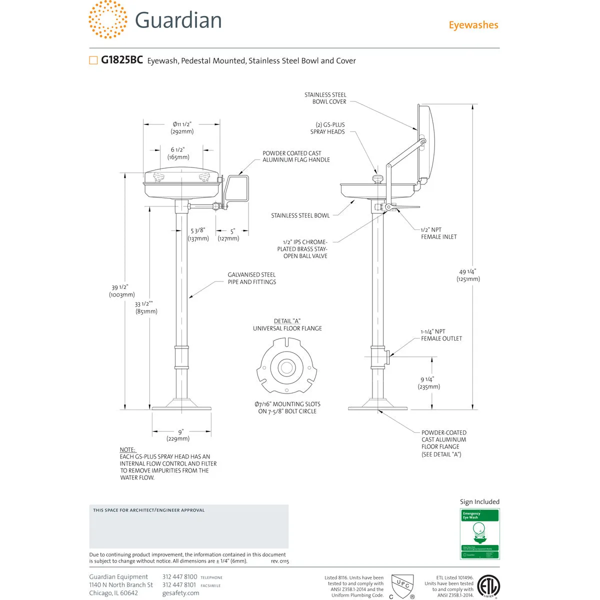 Guardian G1825BC Eyewash, Pedestal Mounted, Stainless Steel Bowl