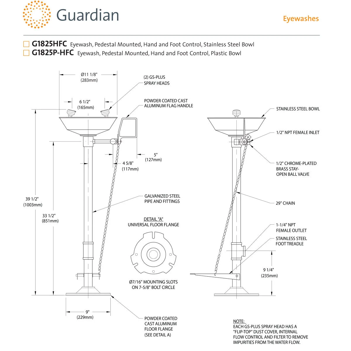 Guardian G1825HFC Eyewash Station, Pedestal Mounted, Hand/Foot Control, Stainless Steel Bowl