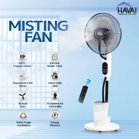 HAVAI Blu Mist Pedestal Fan – 16" Residential Mist Fan | Remote Control | 2.8 Litre Tank | Installation Included (White, Pack of 1)