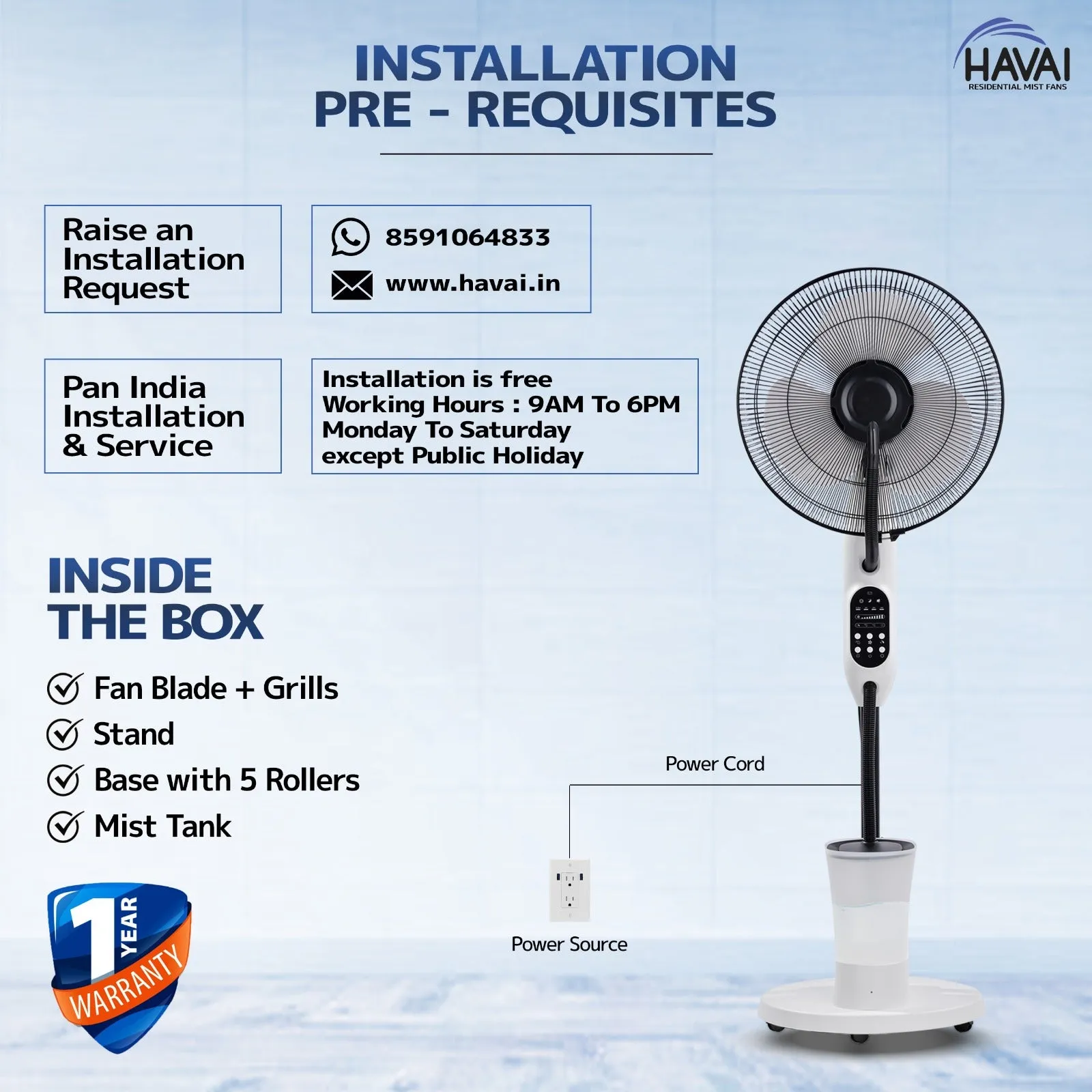 HAVAI Blu Mist Pedestal Fan – 16" Residential Mist Fan | Remote Control | 2.8 Litre Tank | Installation Included (White, Pack of 1)