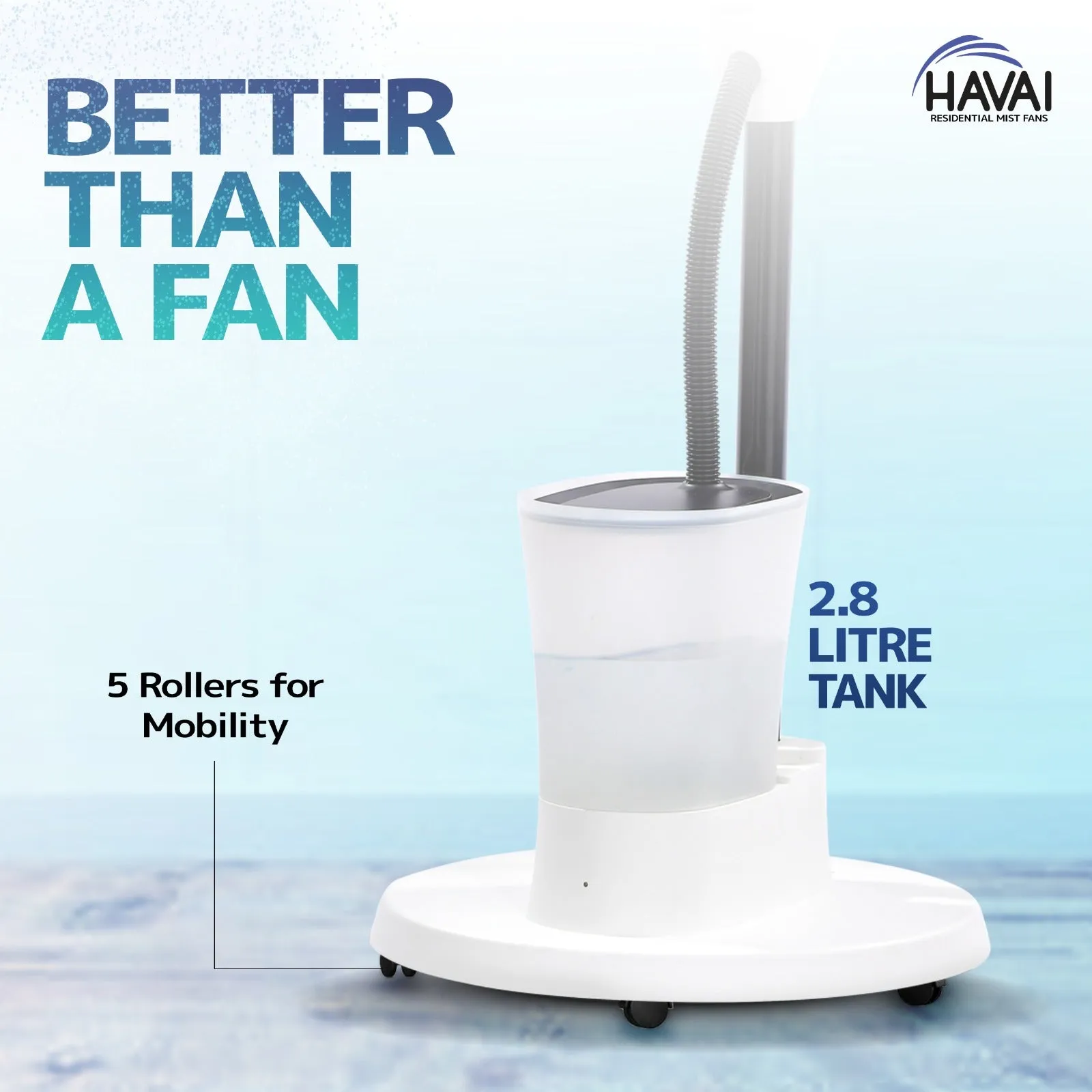 HAVAI Blu Mist Pedestal Fan – 16" Residential Mist Fan | Remote Control | 2.8 Litre Tank | Installation Included (White, Pack of 1)