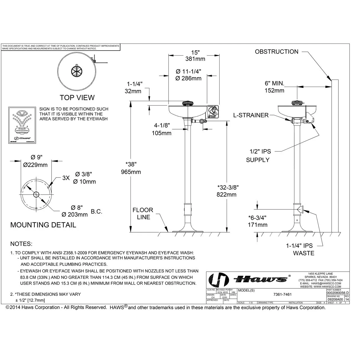 Haws 7361-7461 AXION MSR Pedestal Mount Eyewash Station with Stainless Steel Bowl