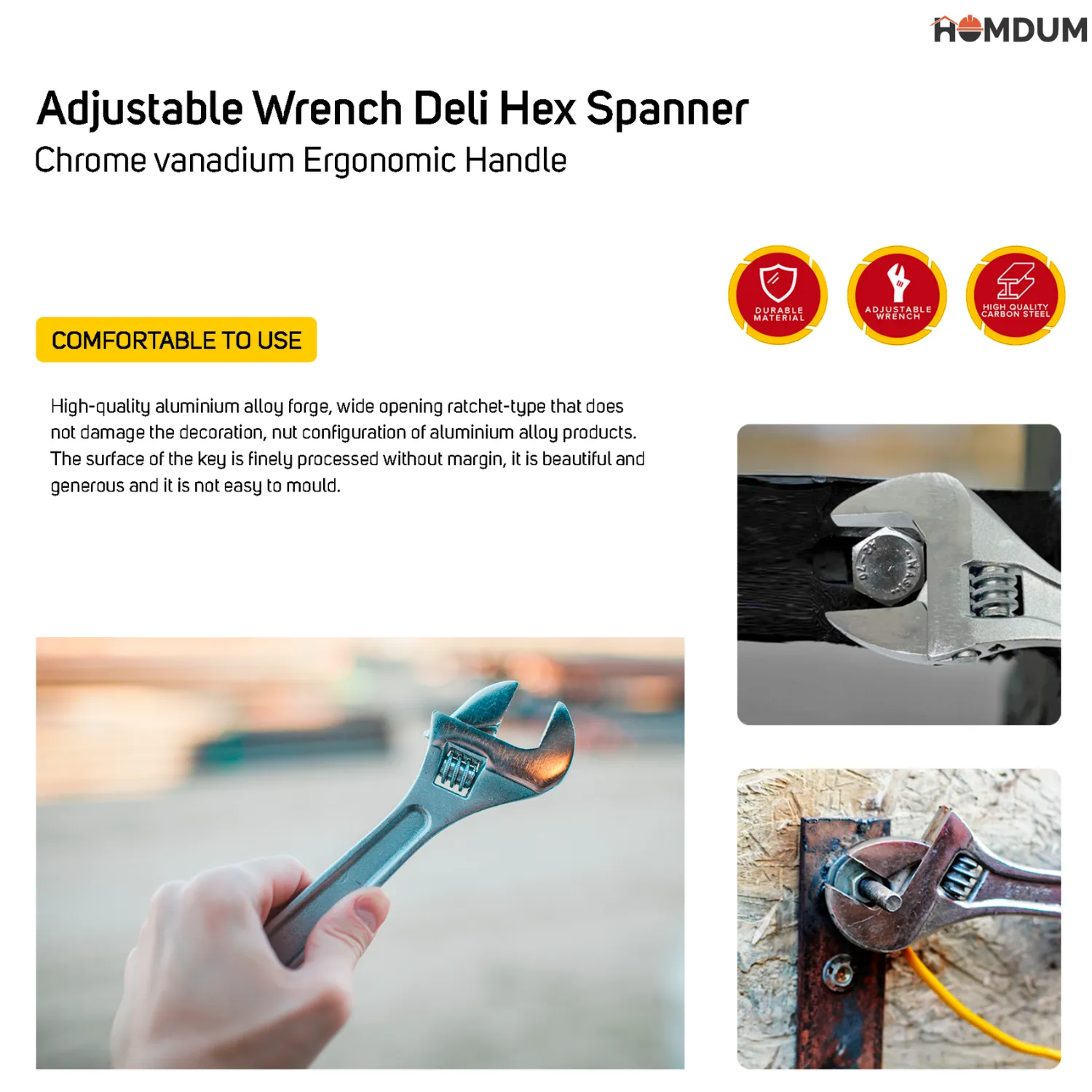 Homdum 6 inch Adjustable Wrench Deli Hex Spanner Chrome vanadium Ergonomic Handle size 150 mm