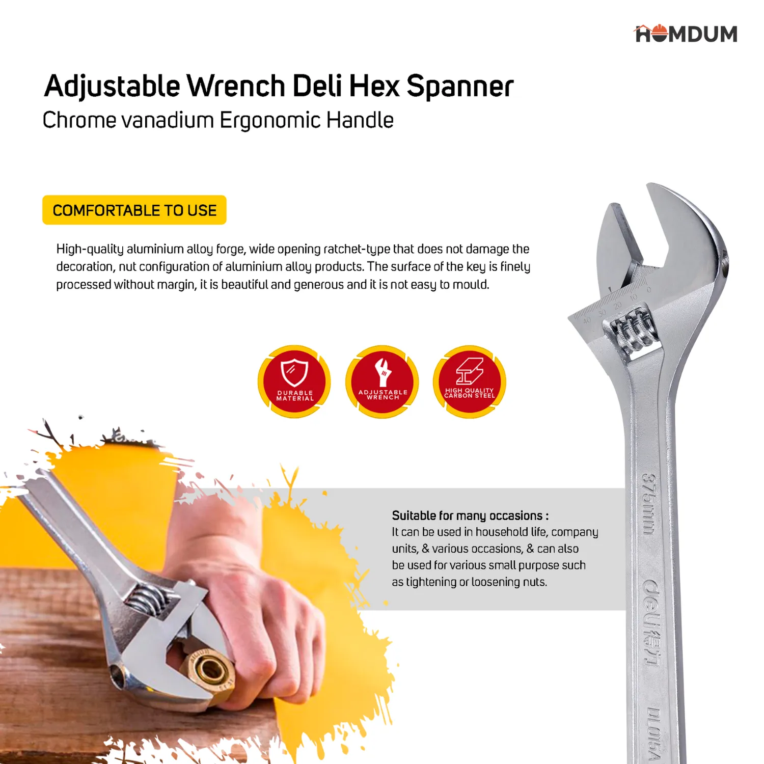 Homdum 6 inch Adjustable Wrench Deli Hex Spanner Chrome vanadium Ergonomic Handle size 150 mm