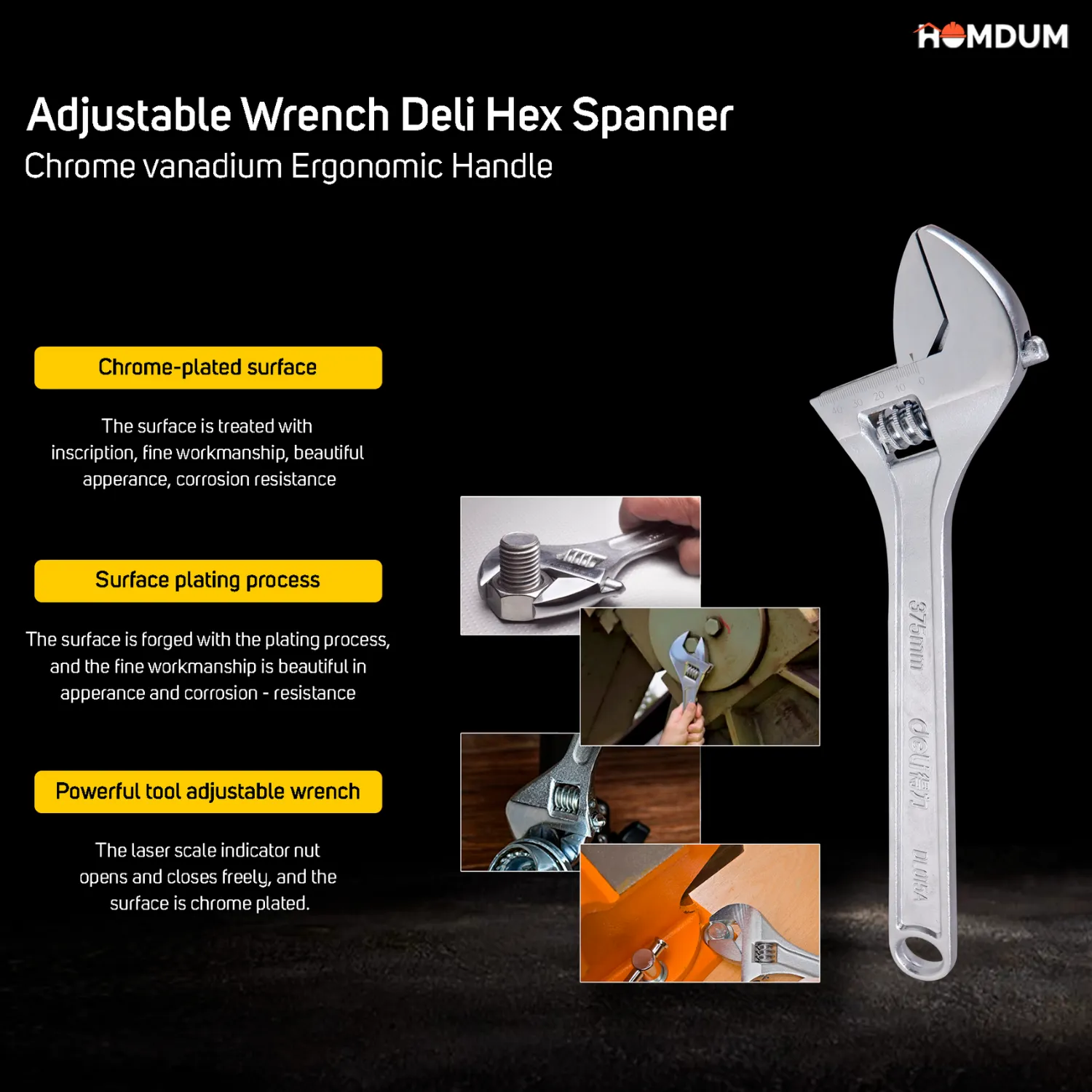 Homdum 6 inch Adjustable Wrench Deli Hex Spanner Chrome vanadium Ergonomic Handle size 150 mm