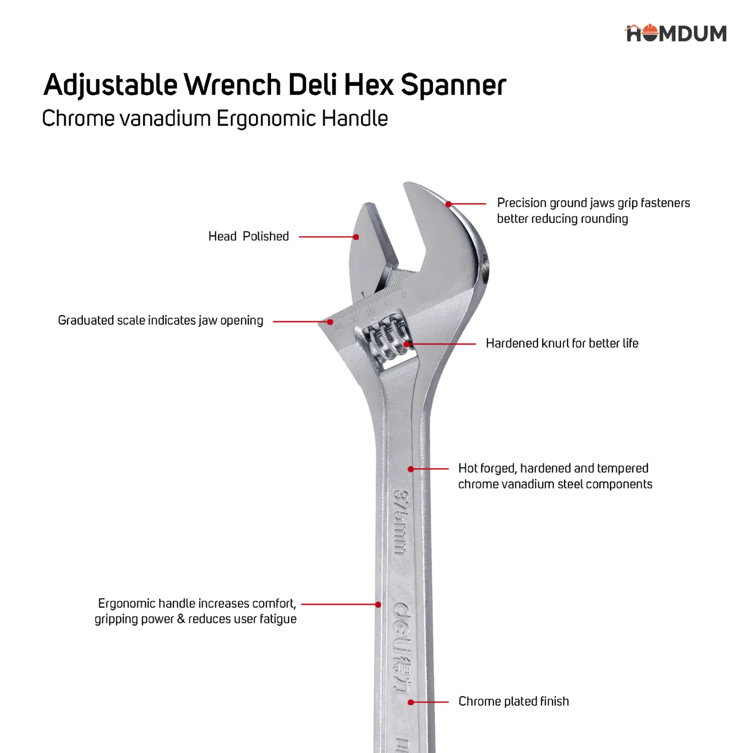 Homdum 6 inch Adjustable Wrench Deli Hex Spanner Chrome vanadium Ergonomic Handle size 150 mm