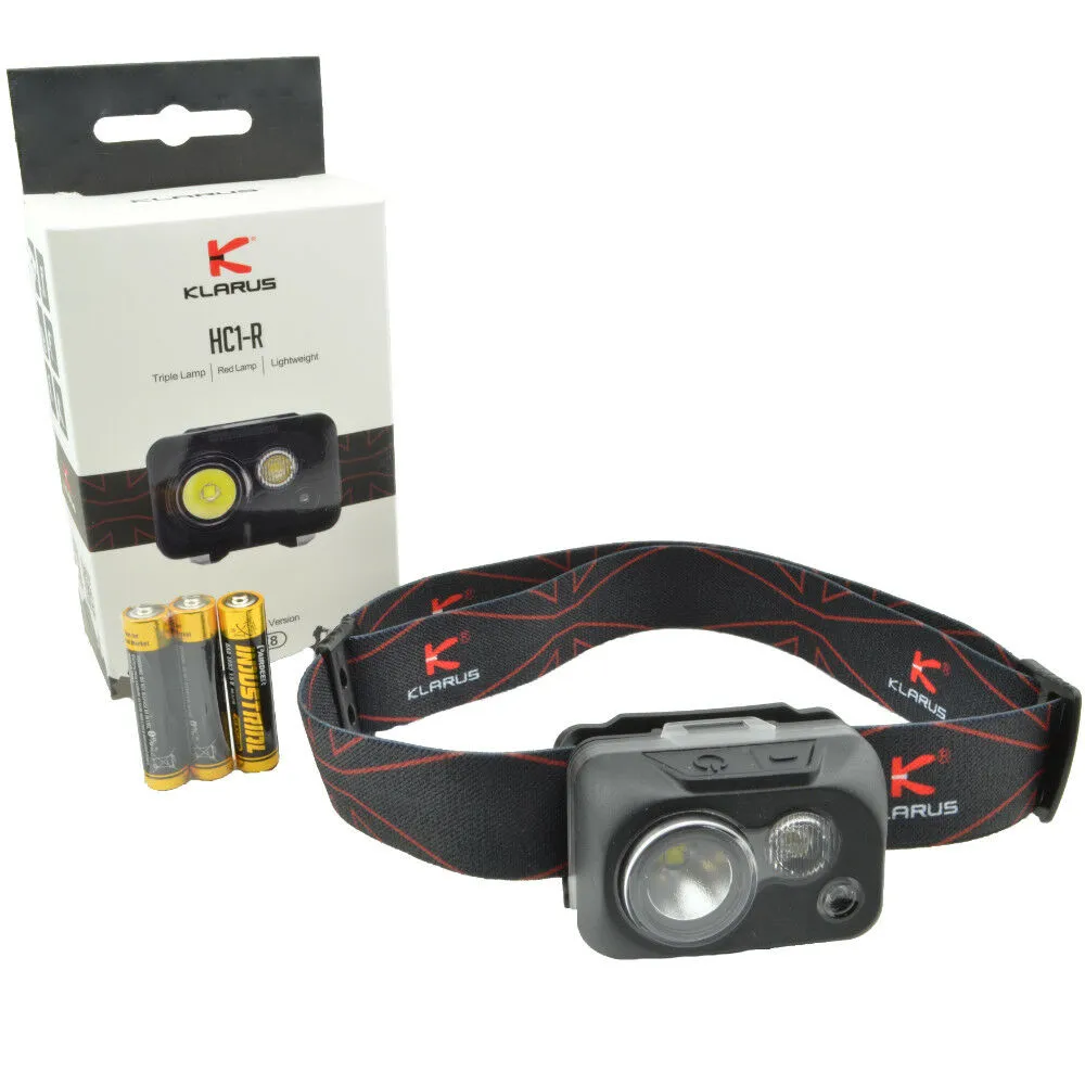 Klarus HC1-R 300 Lumen Waterproof Headlamp Lightweight 3 LEDs  White & Red Light