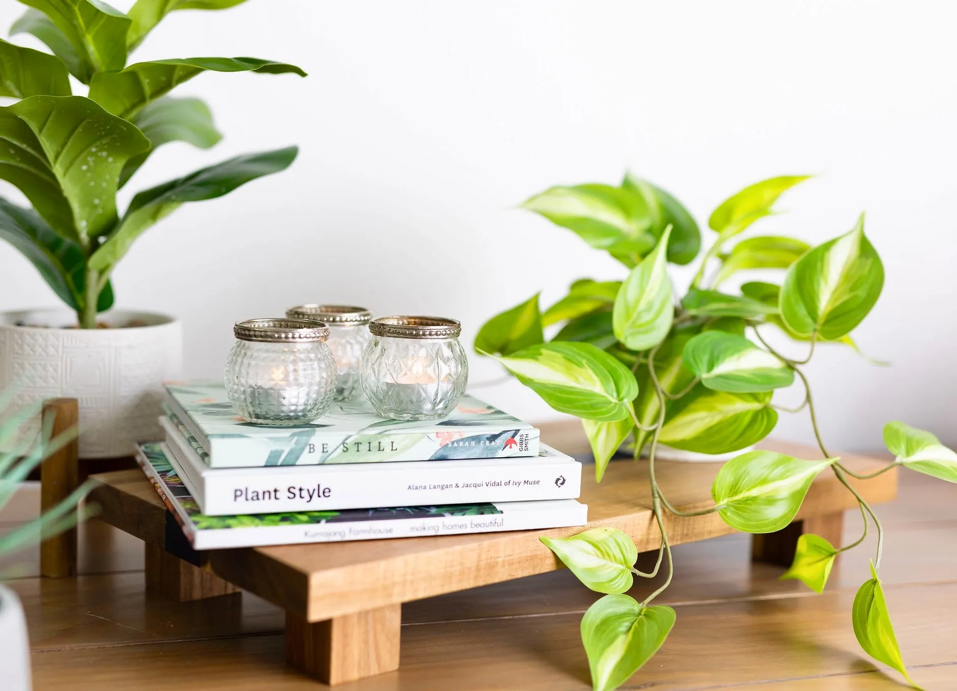 Large rectangle riser pedestal board with resin. Raised acacia board for displaying home decor items or can be used as a faux plants display stand