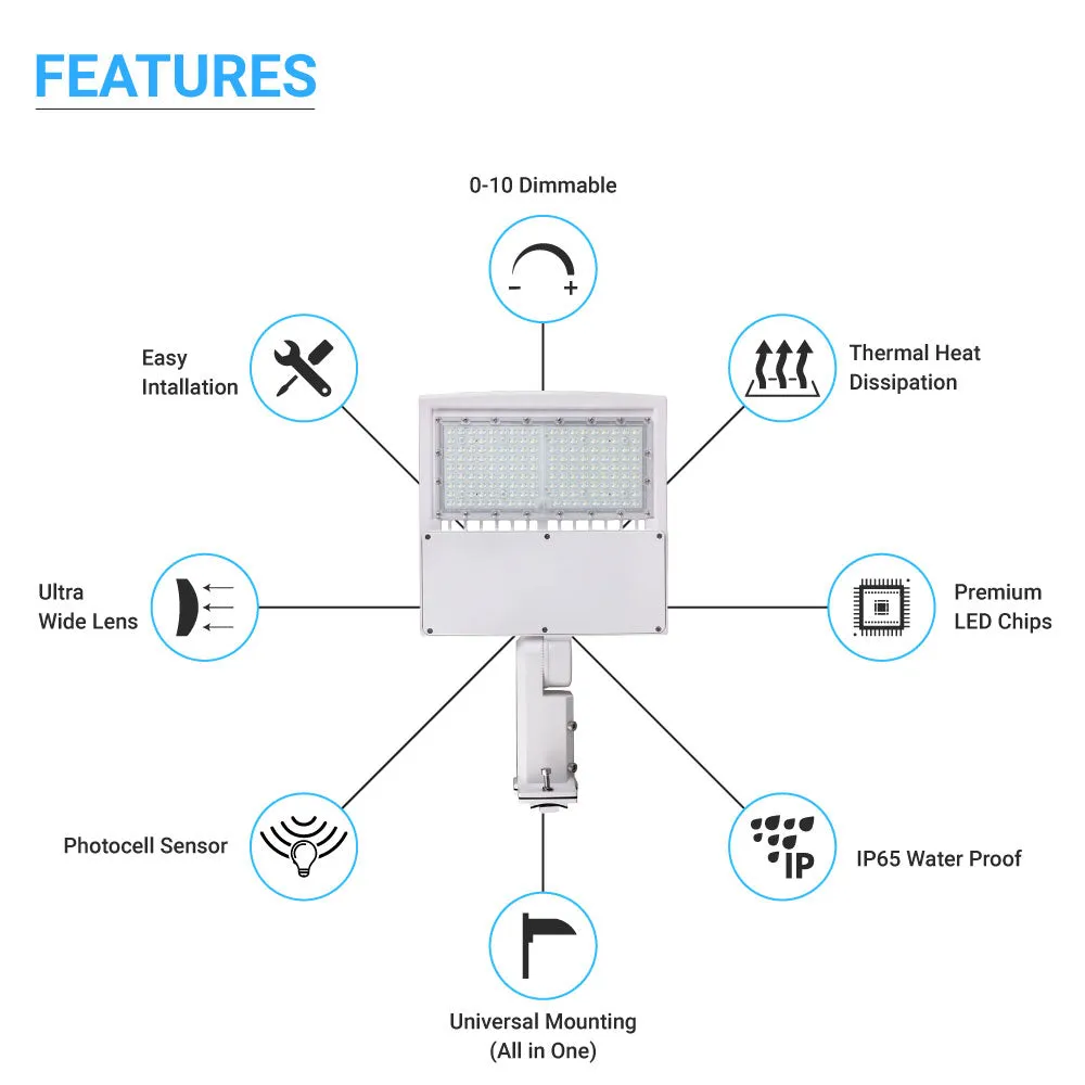 LED Pole Light with Dusk to Dawn Photocell, 150W/120W/100W Wattage Adjustable, 5700K, Universal Mount (Adjustable Slip Fitter   Wall Mount), White, IP65 Waterproof, AC120-277V, Gen14B, LED Parking Lot Lights - Outdoor Commercial Area Street Lighting