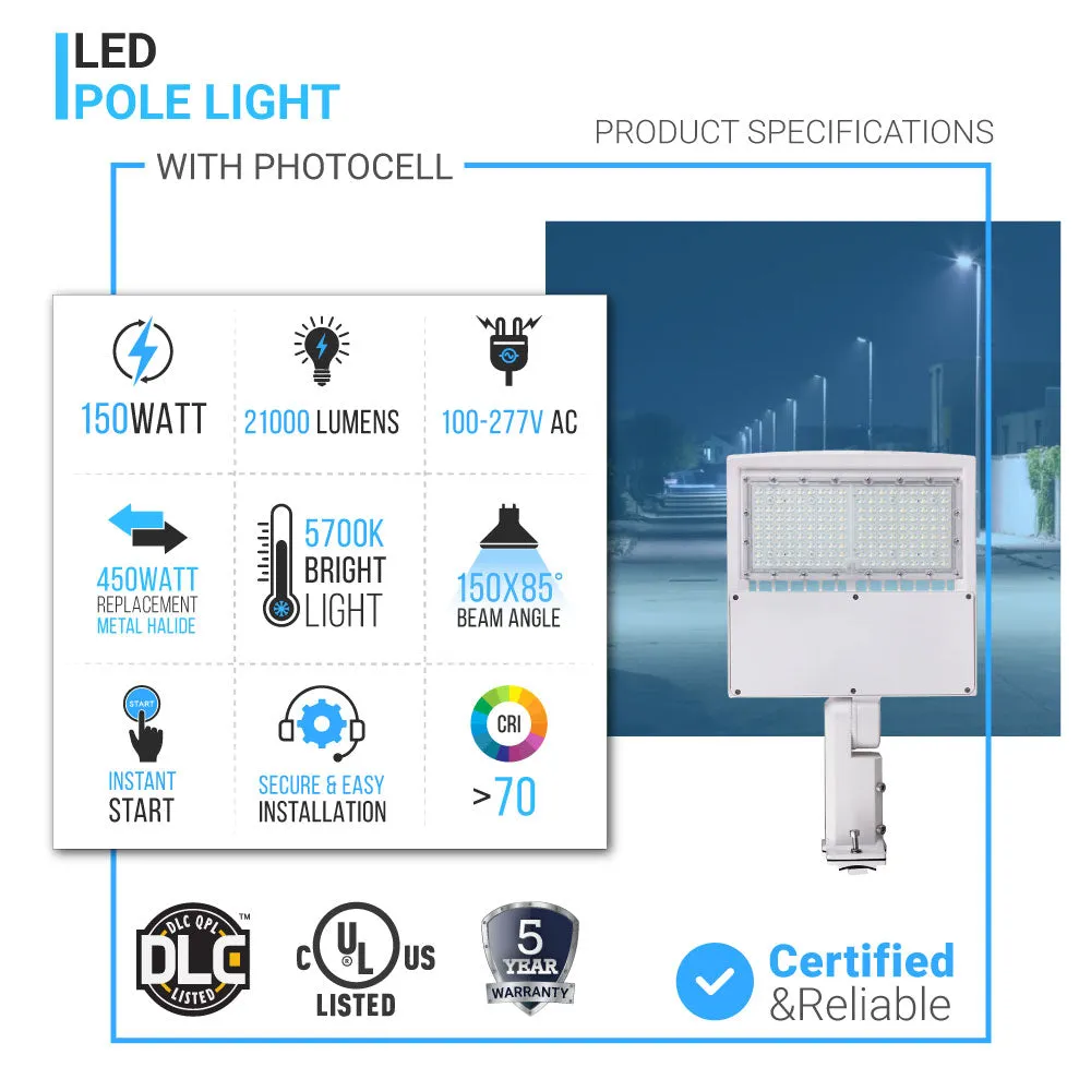 LED Pole Light with Dusk to Dawn Photocell, 150W/120W/100W Wattage Adjustable, 5700K, Universal Mount (Adjustable Slip Fitter   Wall Mount), White, IP65 Waterproof, AC120-277V, Gen14B, LED Parking Lot Lights - Outdoor Commercial Area Street Lighting