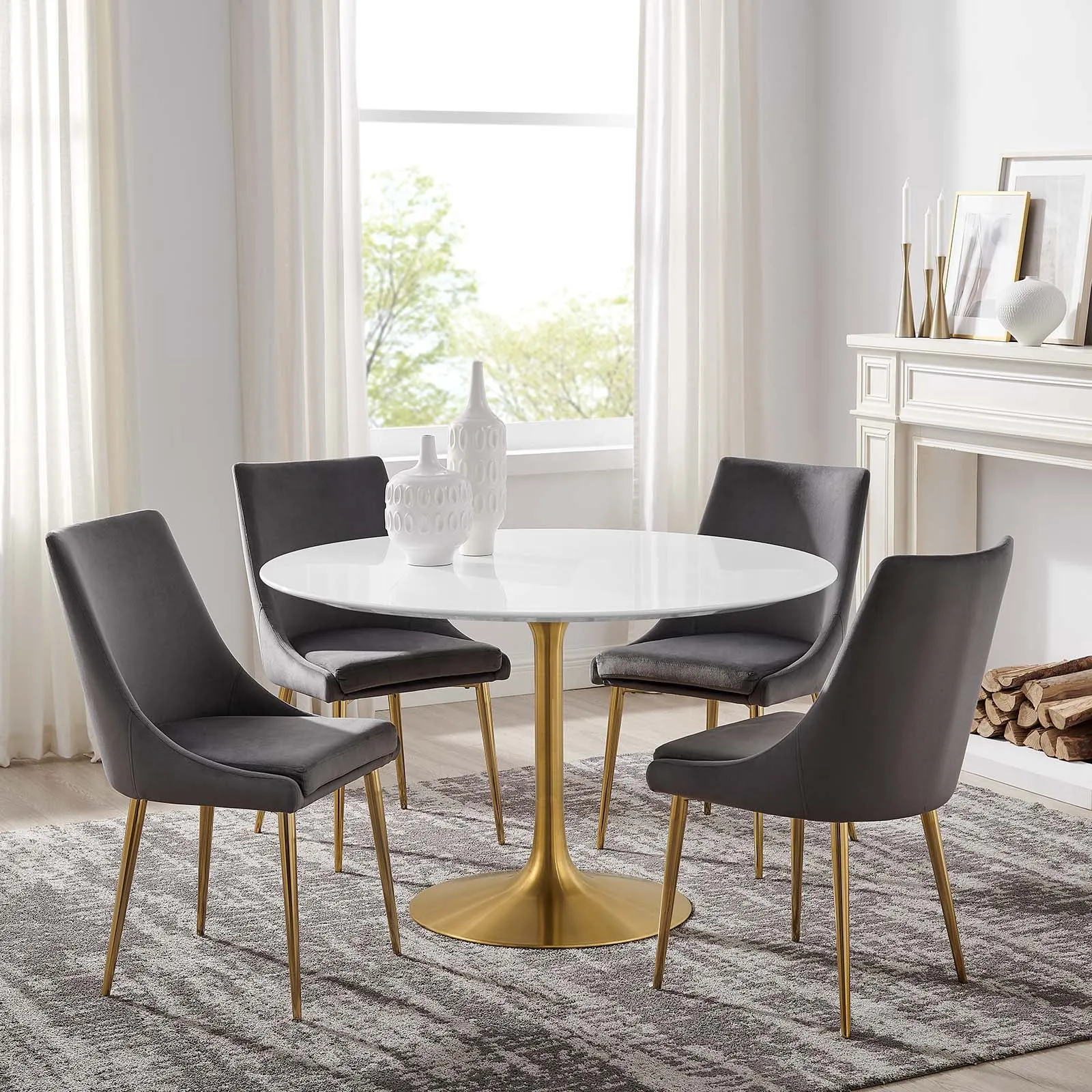 Lippa 47" Round Wood Dining Table Gold White EEI-3227-GLD-WHI