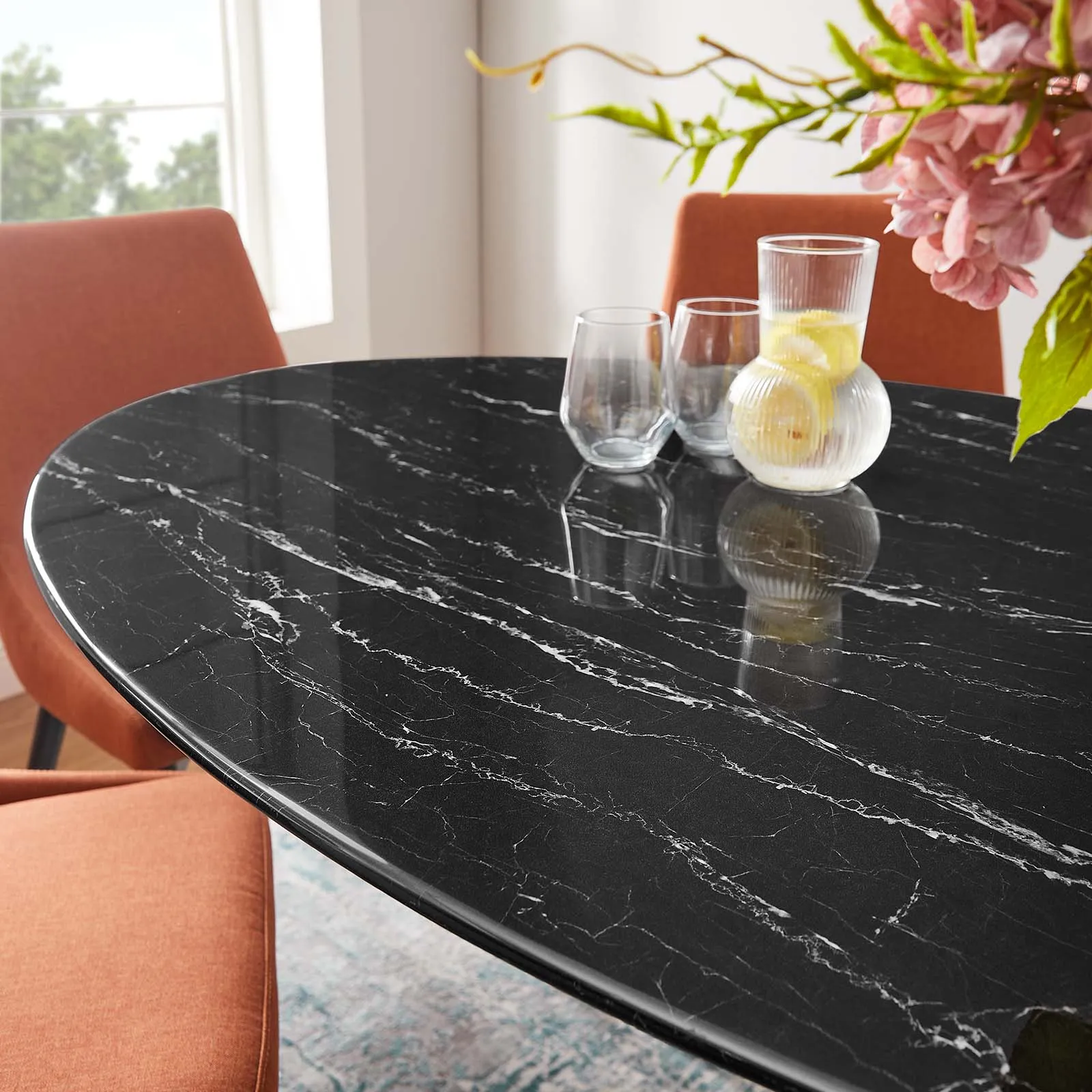 Lippa 60" Oval Artificial Marble Dining Table Black Black EEI-4881-BLK-BLK