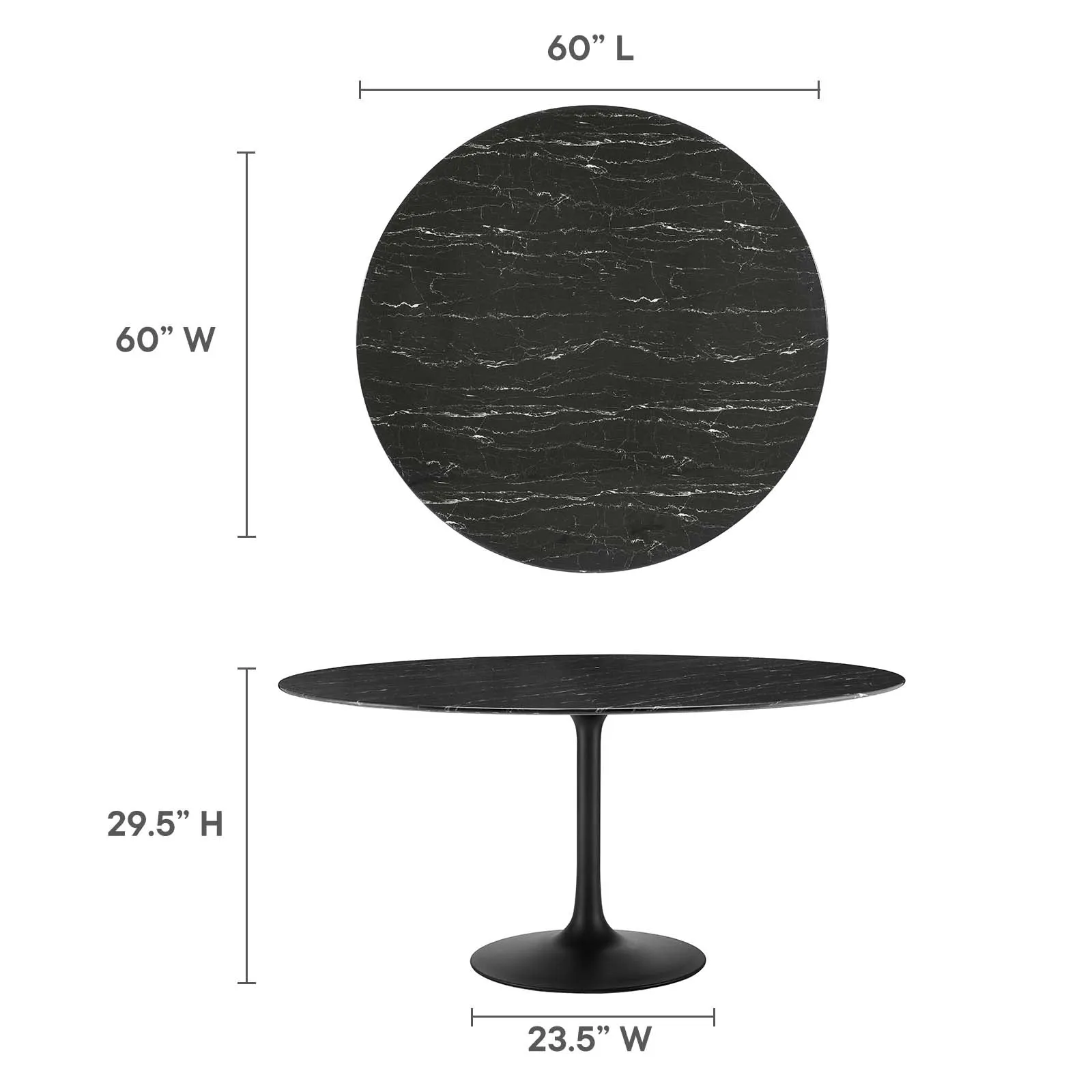 Lippa 60" Round Artificial Marble Dining Table Black Black EEI-4879-BLK-BLK