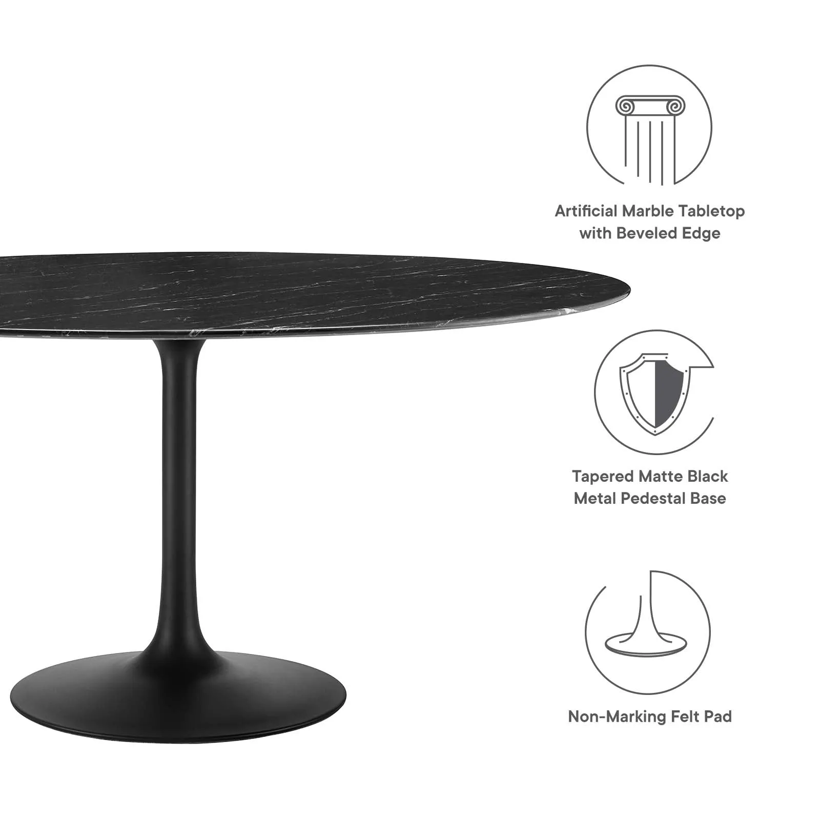 Lippa 60" Round Artificial Marble Dining Table Black Black EEI-4879-BLK-BLK