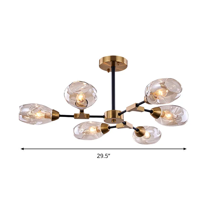 Modern 6-Head Dining Room Chandelier: Black and Gold Pendant Light with Cup Dimpled Blown Glass Shade