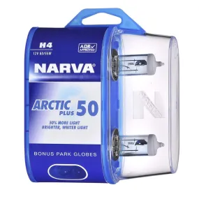 Narva 48677BL2 H4 12V 60/55W Arctic Plus 50 Halogen Headlight Globes, Twin Pack