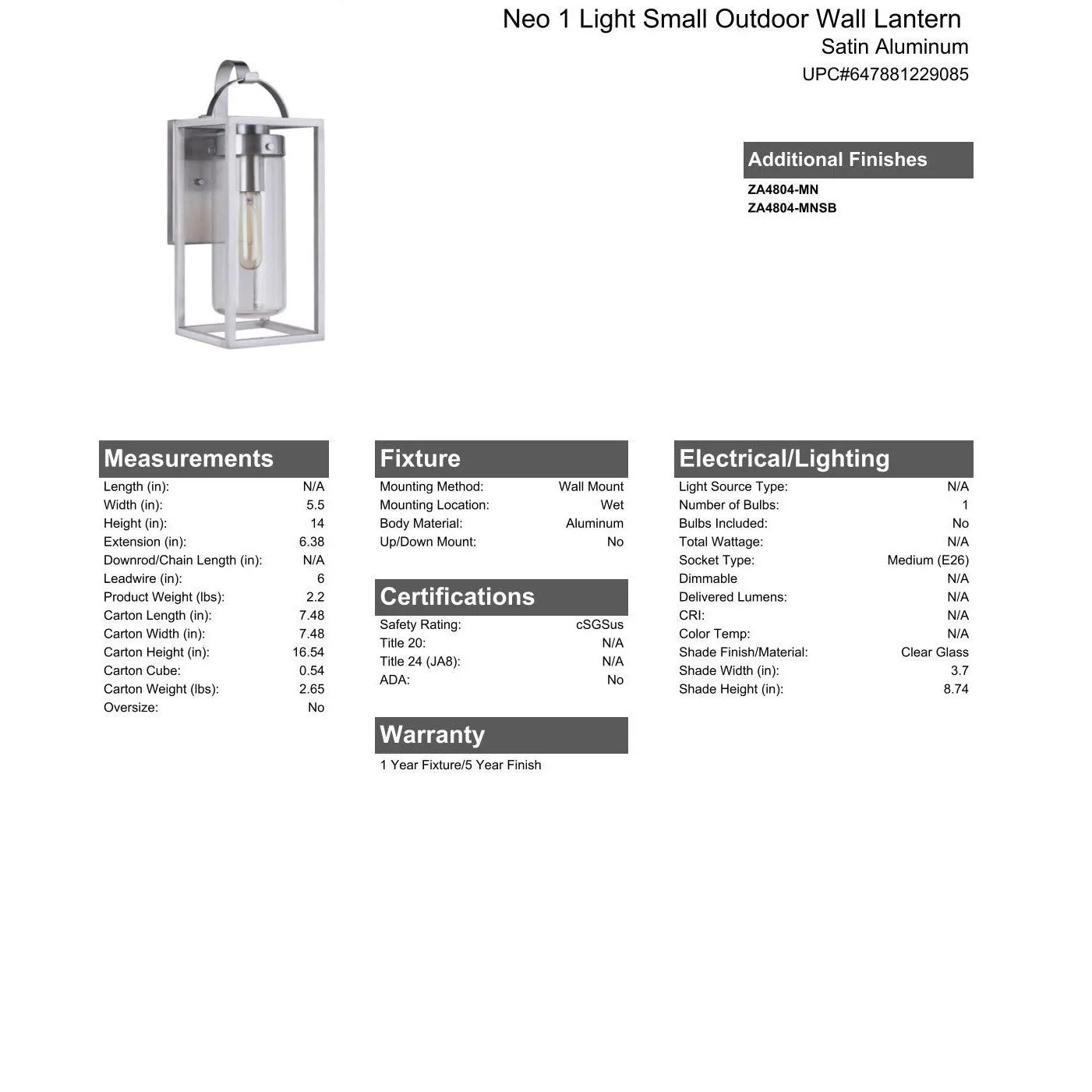 Neo 1 Light Small Outdoor Wall Lantern in Satin Aluminum