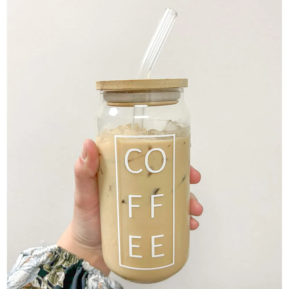 (NET) Coffee Can Shaped Glass with Lid and Stainless Steel Straw  500ml