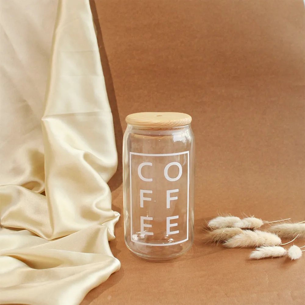 (NET) Coffee Can Shaped Glass with Lid and Stainless Steel Straw  500ml