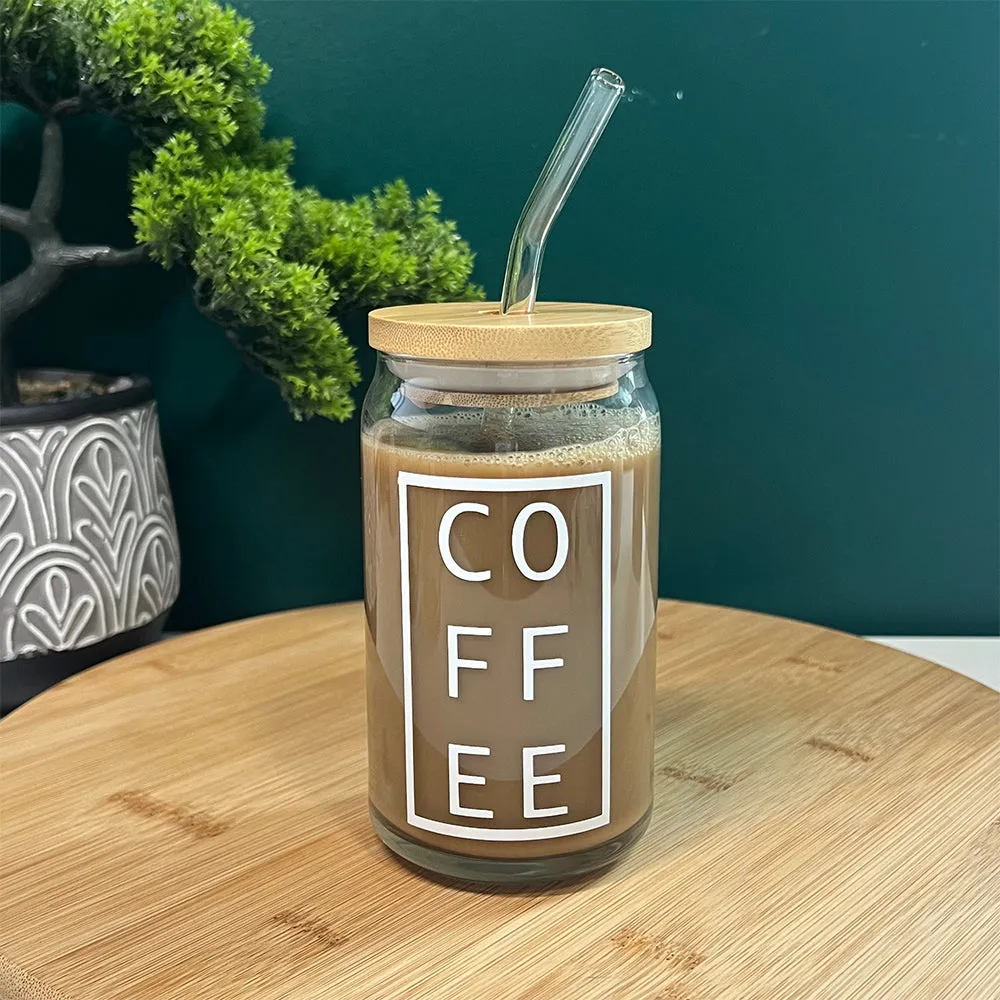 (NET) Coffee Can Shaped Glass with Lid and Stainless Steel Straw  500ml