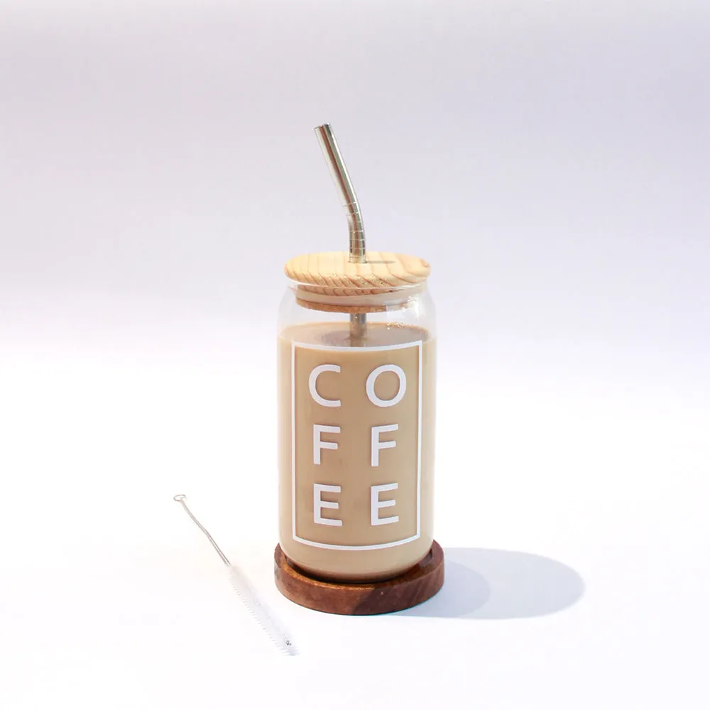 (NET) Coffee Can Shaped Glass with Lid and Stainless Steel Straw  500ml