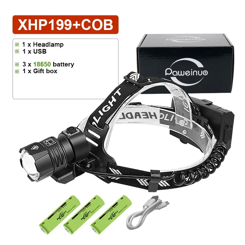 Newest XHP199 Most Powerful LED Headlamp Rechargeable Head Flashlight LED Headlight 18650 USB XHP90 Waterproof Fishing Head Lamp