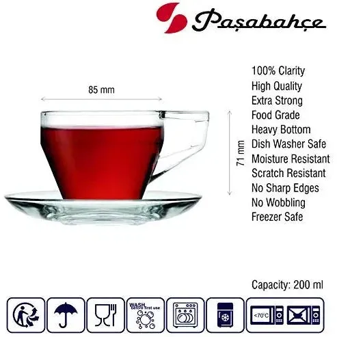 Pasabahce Shiny Glass Tea Cup and Saucer 6Pcs Set with Box 23795