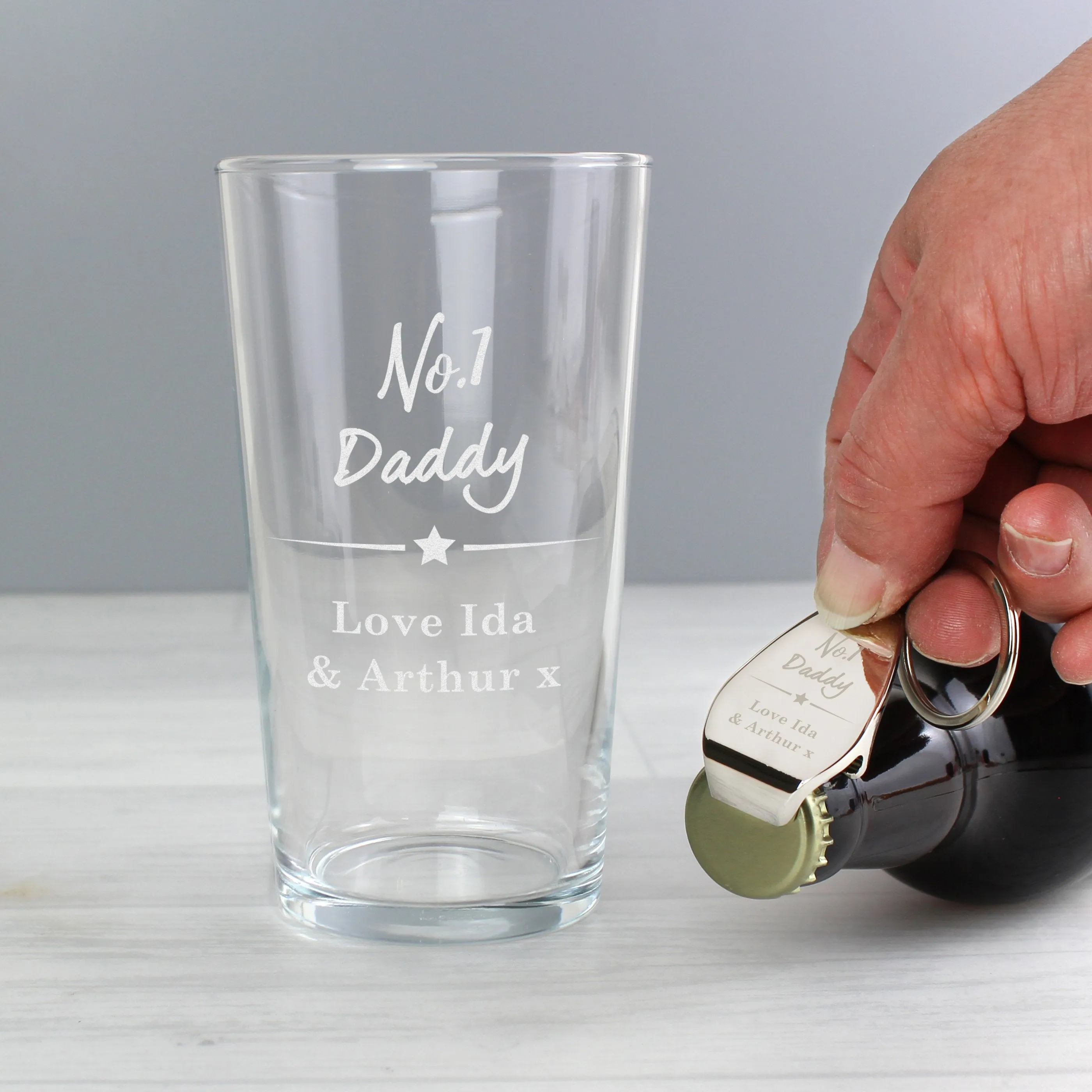 Personalised No.1 Pint Glass & Bottle Opener Set