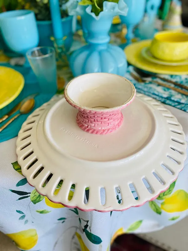 Pink Ceramic Reticulated Cake Plate Basket Weave Pedestal 1995 Lotus China