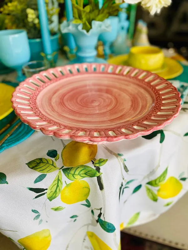 Pink Ceramic Reticulated Cake Plate Basket Weave Pedestal 1995 Lotus China