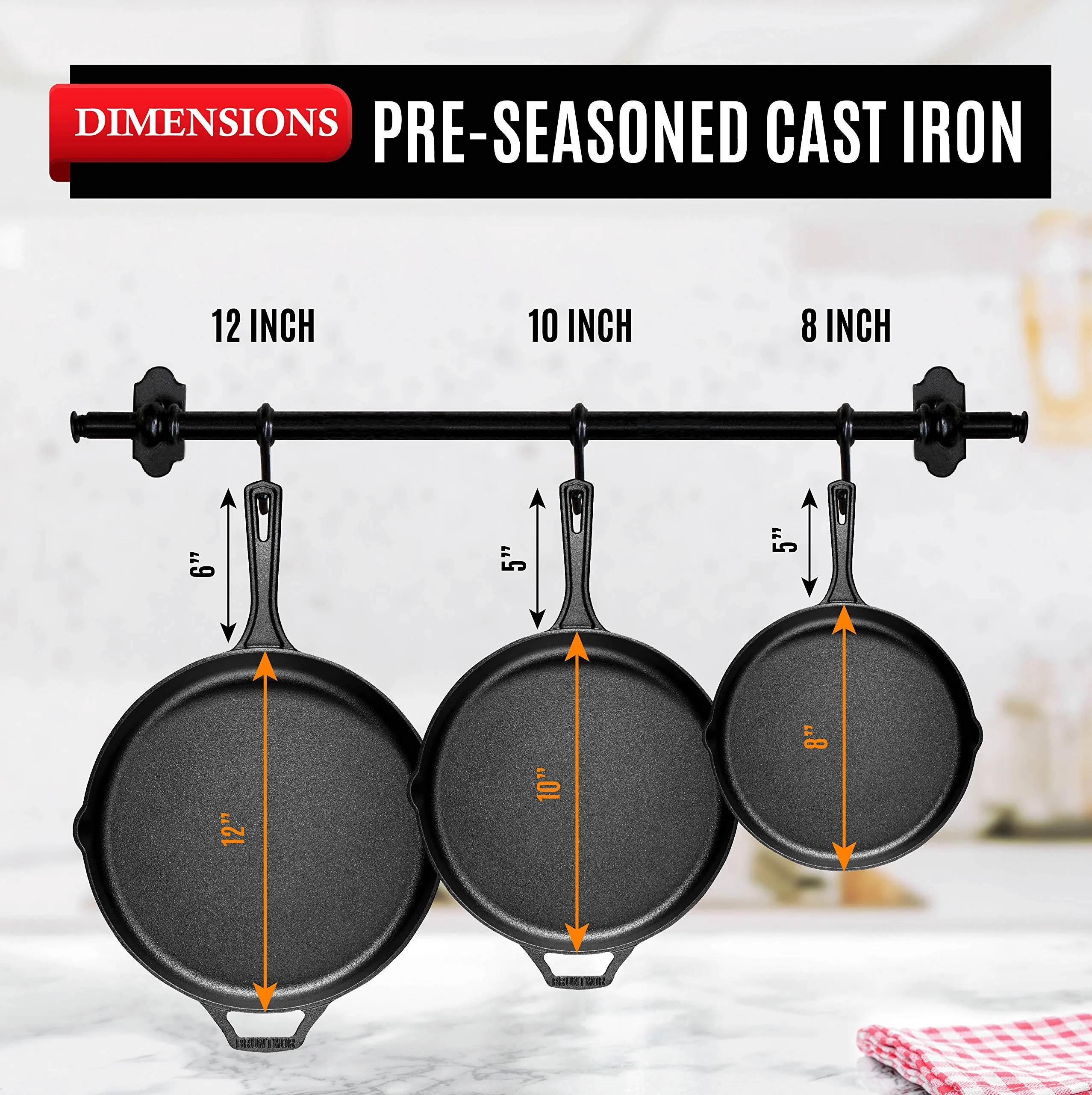 Pre-Seasoned Cast Iron 3 Piece Skillet Bundle. 12   10   8 Set of 3 Cast Iron Frying