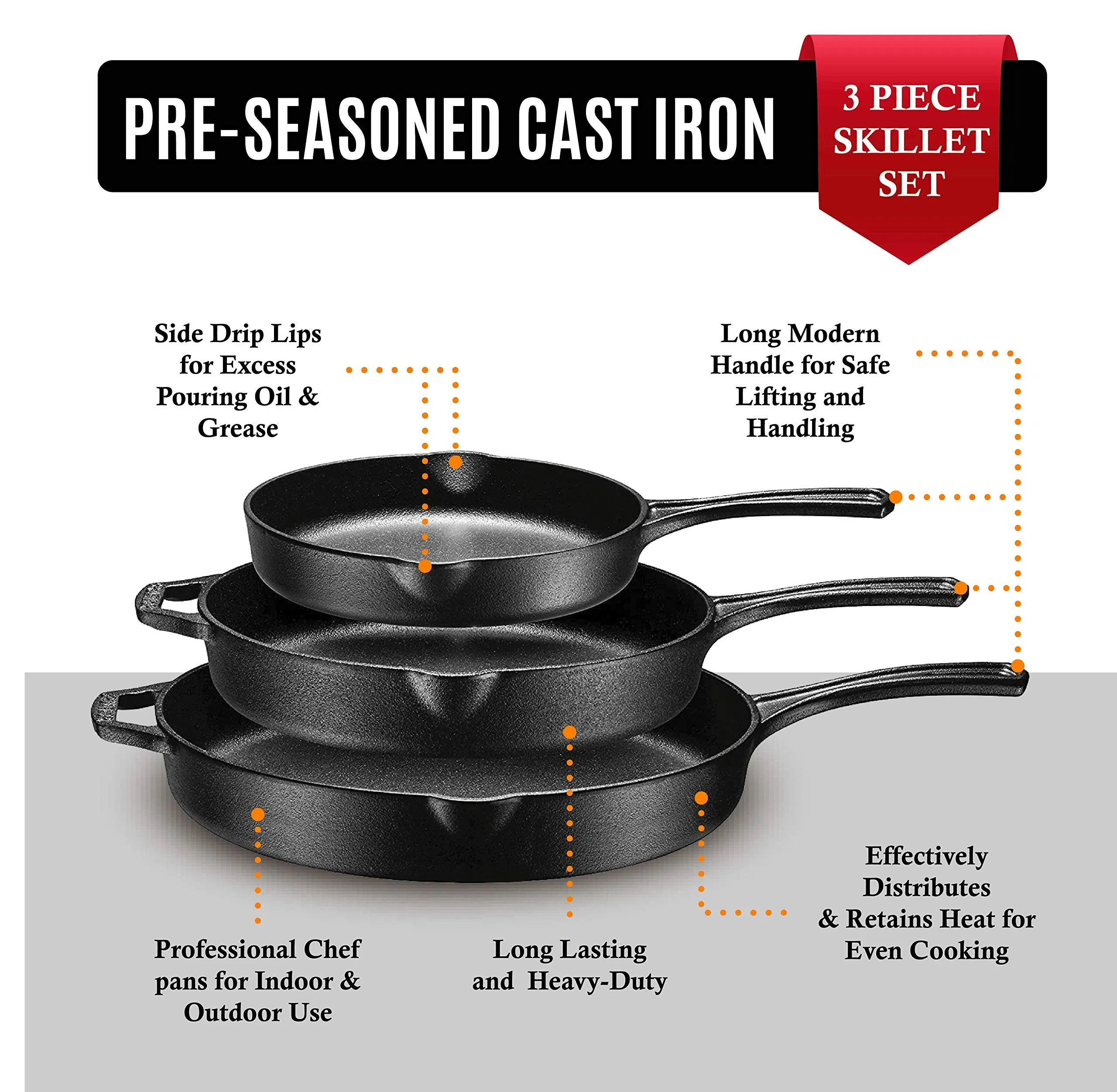 Pre-Seasoned Cast Iron 3 Piece Skillet Bundle. 12   10   8 Set of 3 Cast Iron Frying