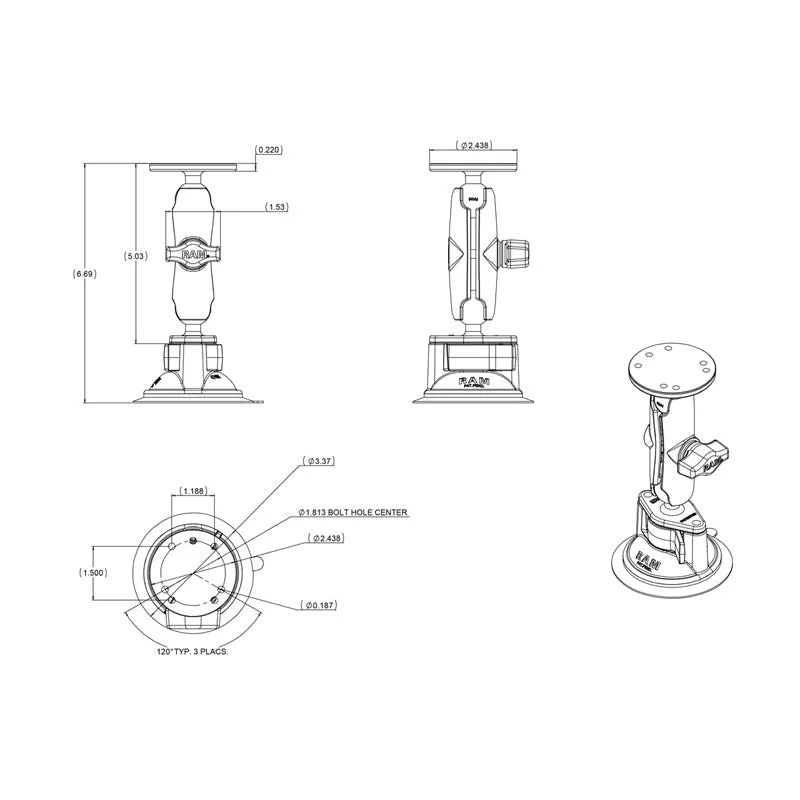 RAM® Twist-Lock™ Suction Cup Double Ball Mount with Round Plate - Medium