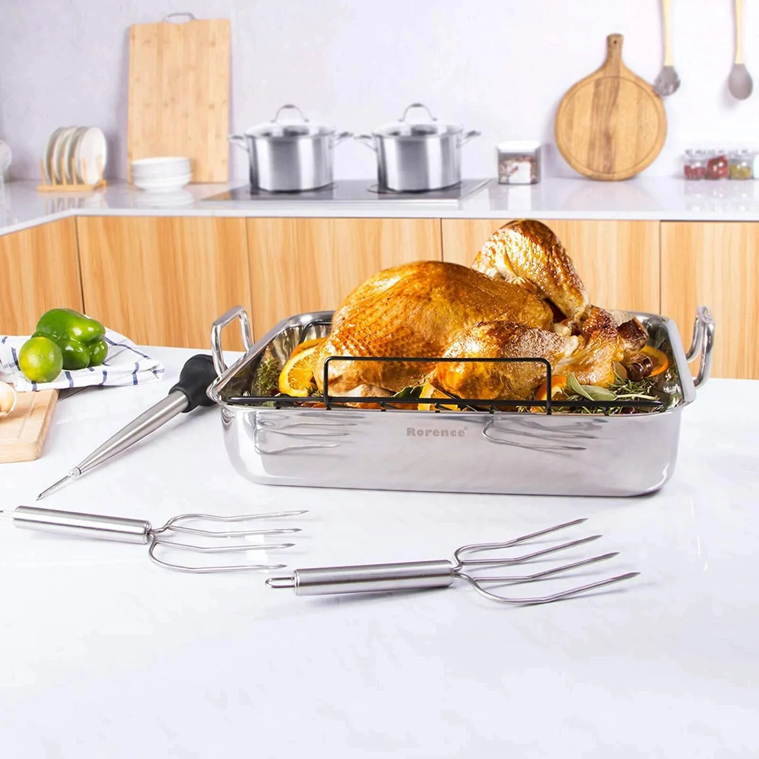 Rorence Turkey Roaster Pan with Rack 16-Inch Stainless Steel with Nonstick V-Shaped Rack– Set of 6