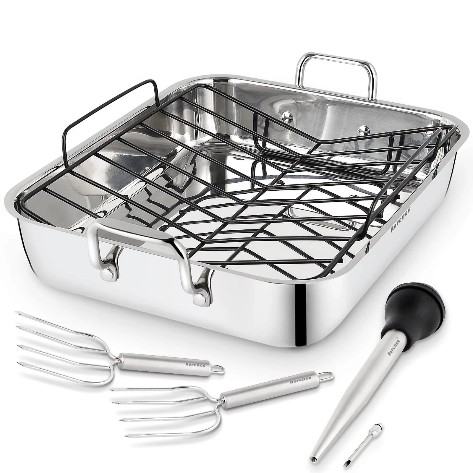 Rorence Turkey Roaster Pan with Rack 16-Inch Stainless Steel with Nonstick V-Shaped Rack– Set of 6