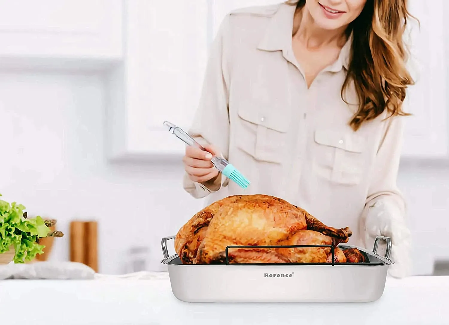 Rorence Turkey Roaster Pan with Rack 16-Inch Stainless Steel with Nonstick V-Shaped Rack– Set of 6