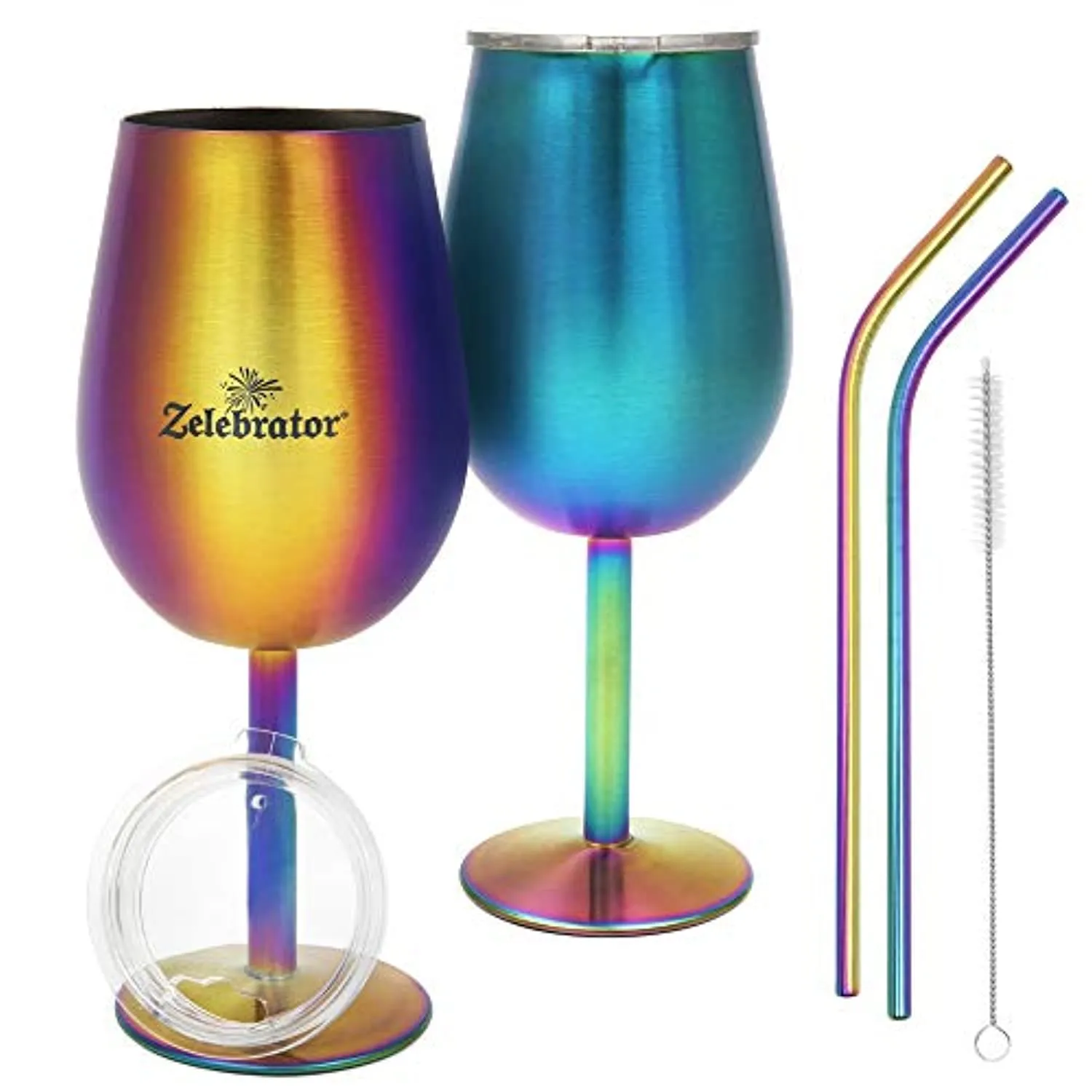 Stainless Steel Wine Glass, Set of 2, with Stem and Lid - Rainbow