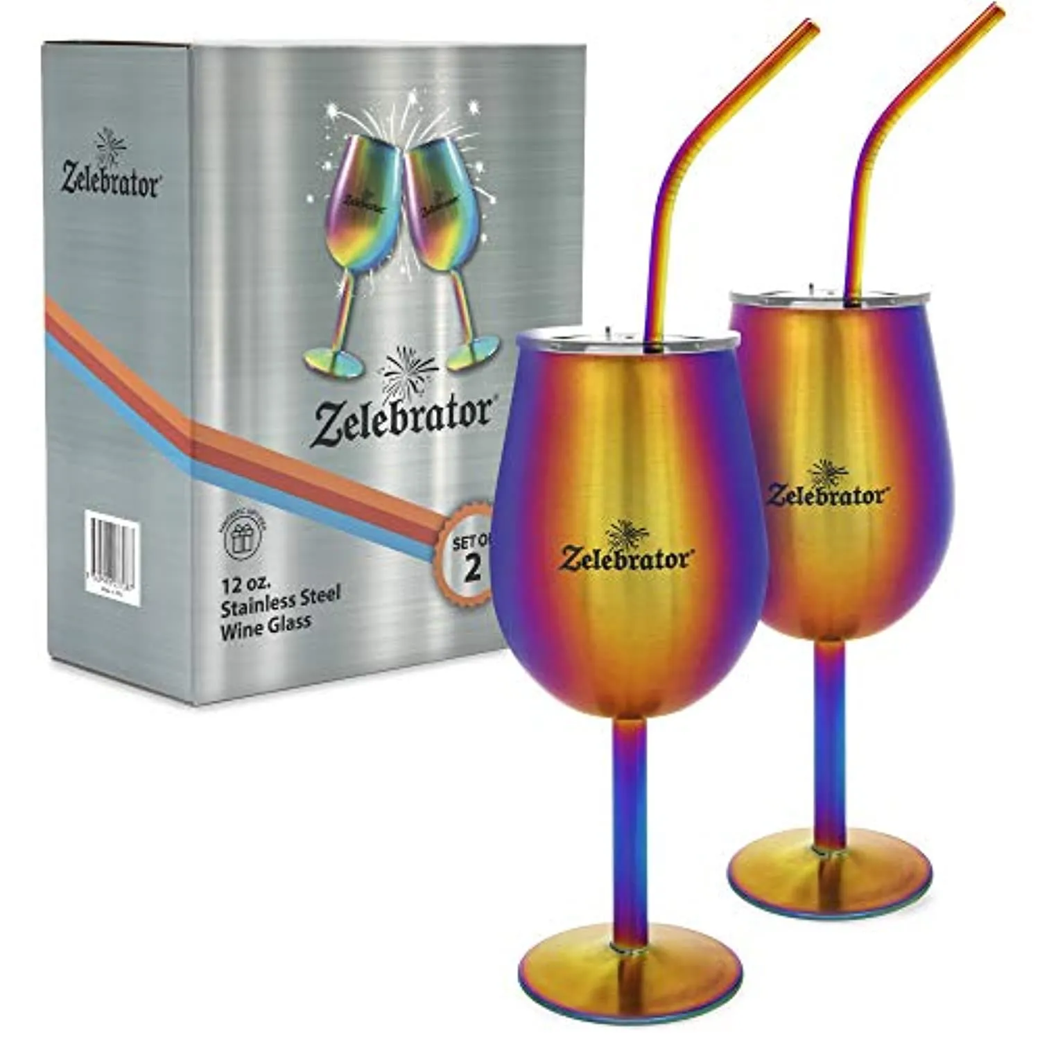 Stainless Steel Wine Glass, Set of 2, with Stem and Lid - Rainbow