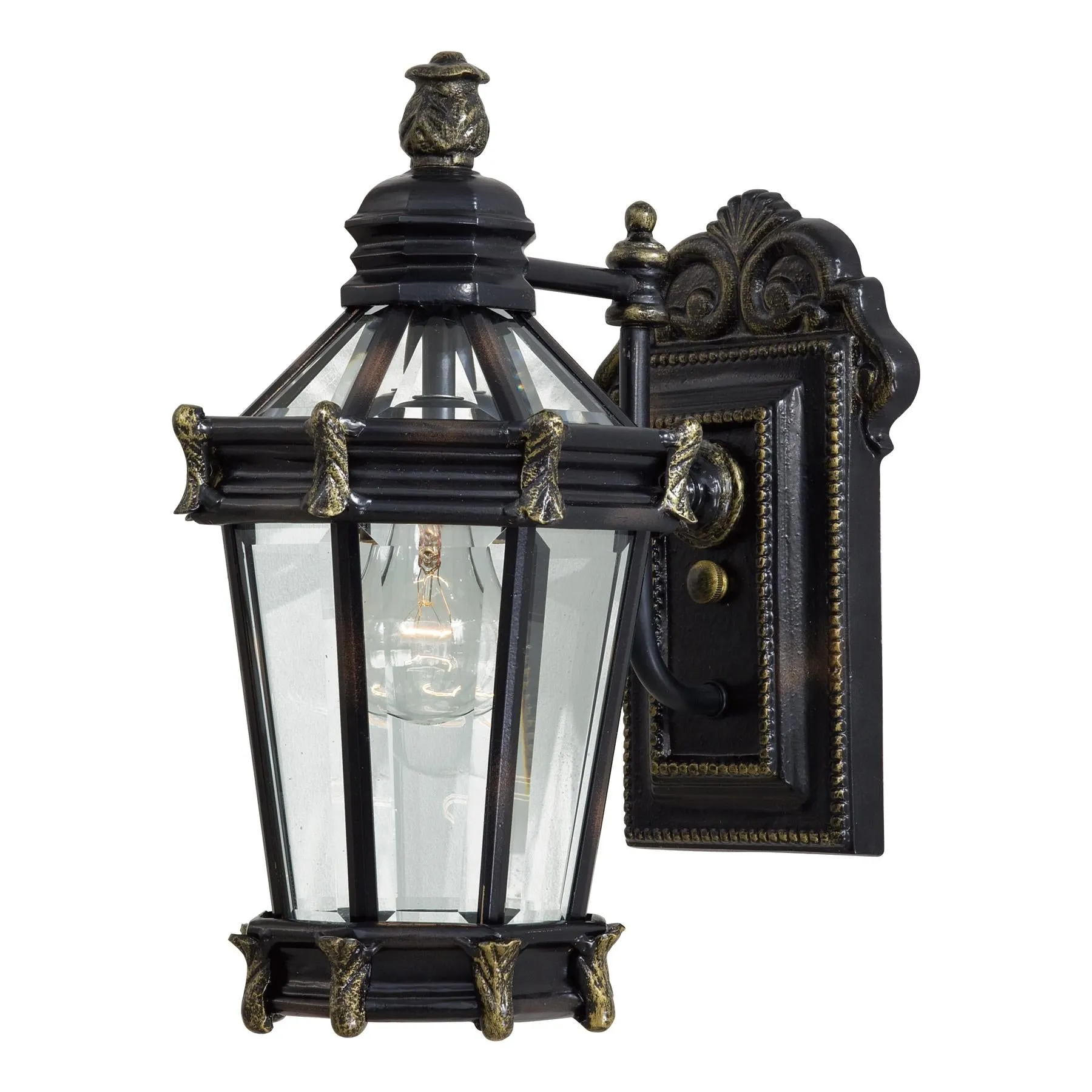 Stratford Hall 1-Light Wall Mount in Heritage with Gold Highlights & Clear Beveled Glass