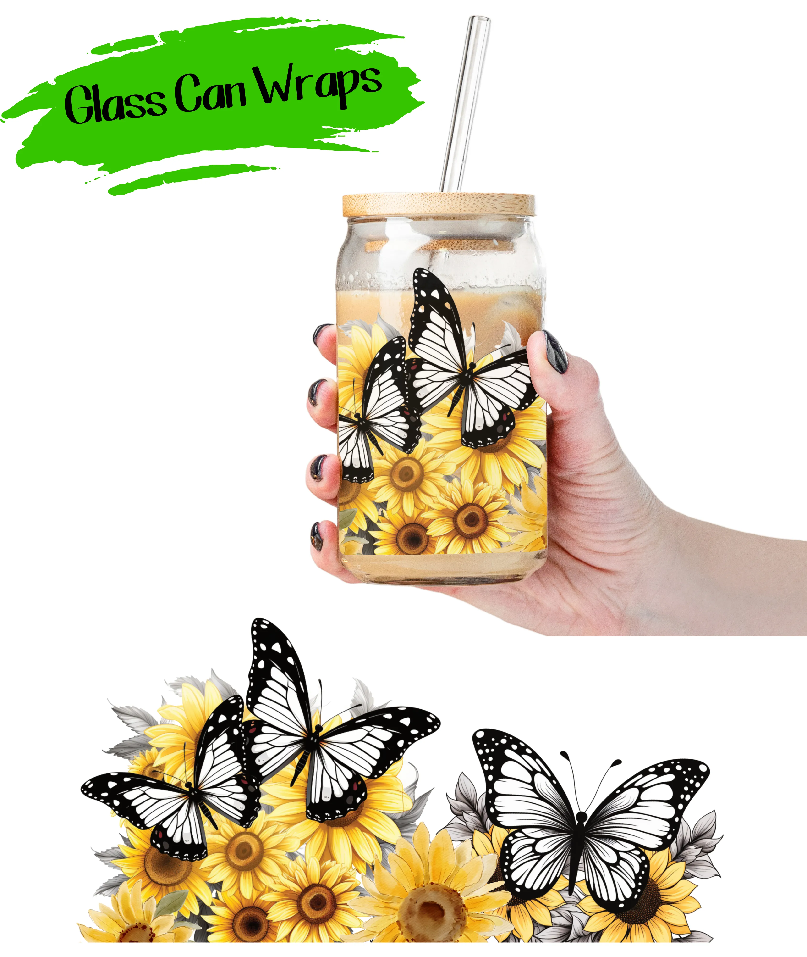 Sunflower Butterfly Wrap for 16/20 oz Cups - UV DTF or Sublimation (SHIPS IN 3-7 BUS DAYS)