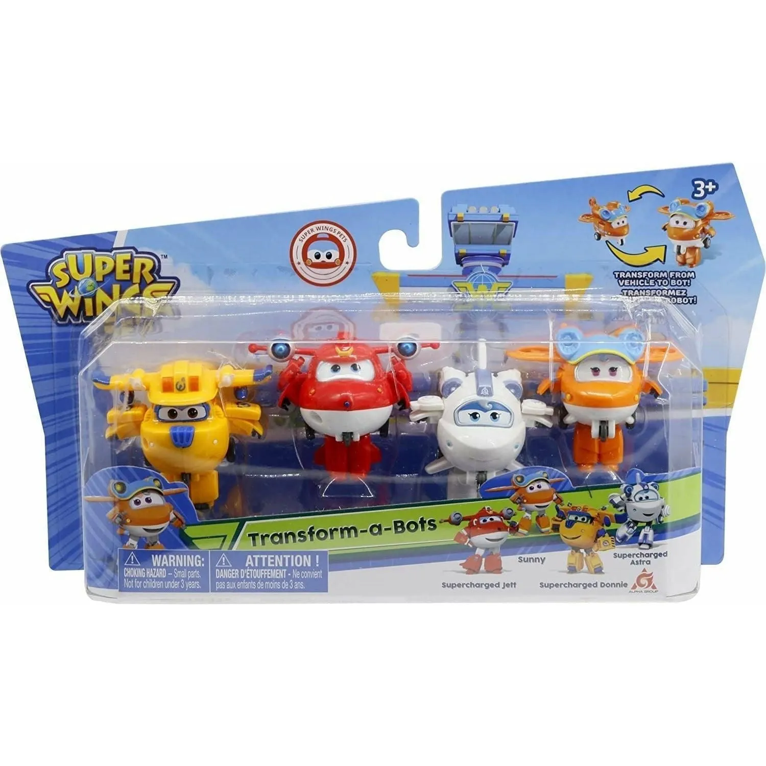 Super Wings - 2" Transform-a-Bot 4-Pack | Supercharged Jett, Donnie, Astra, Sunny Airplane Toys Vehicle Mini Figures